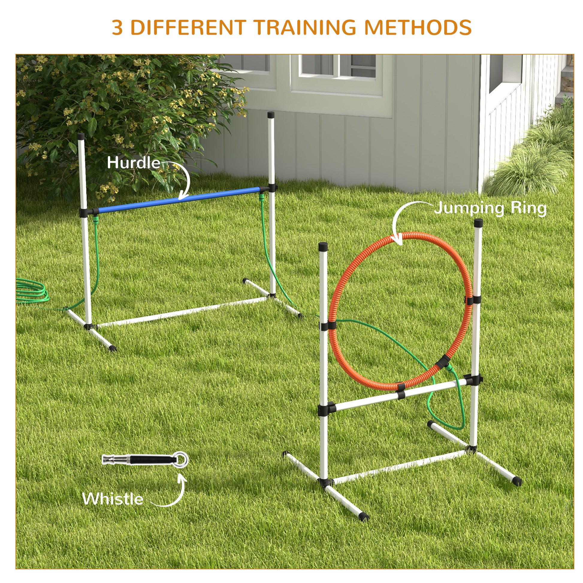 Adjustable dog agility hurdle with blue bar designed for outdoor training sessions