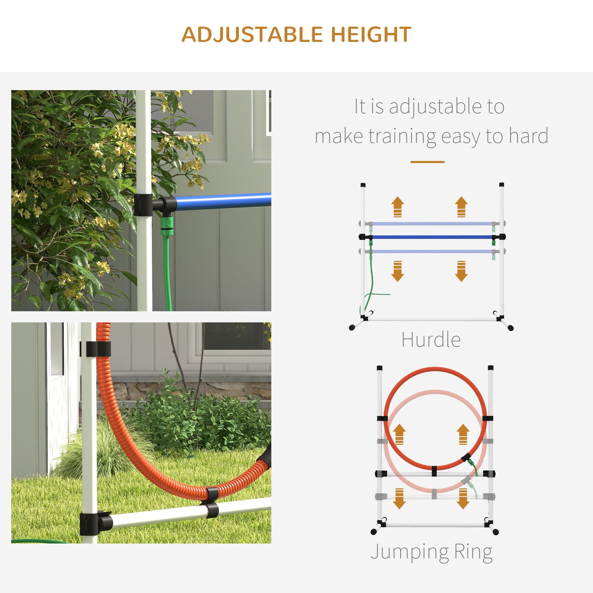 White adjustable agility hurdle with blue bar and green hose attachment