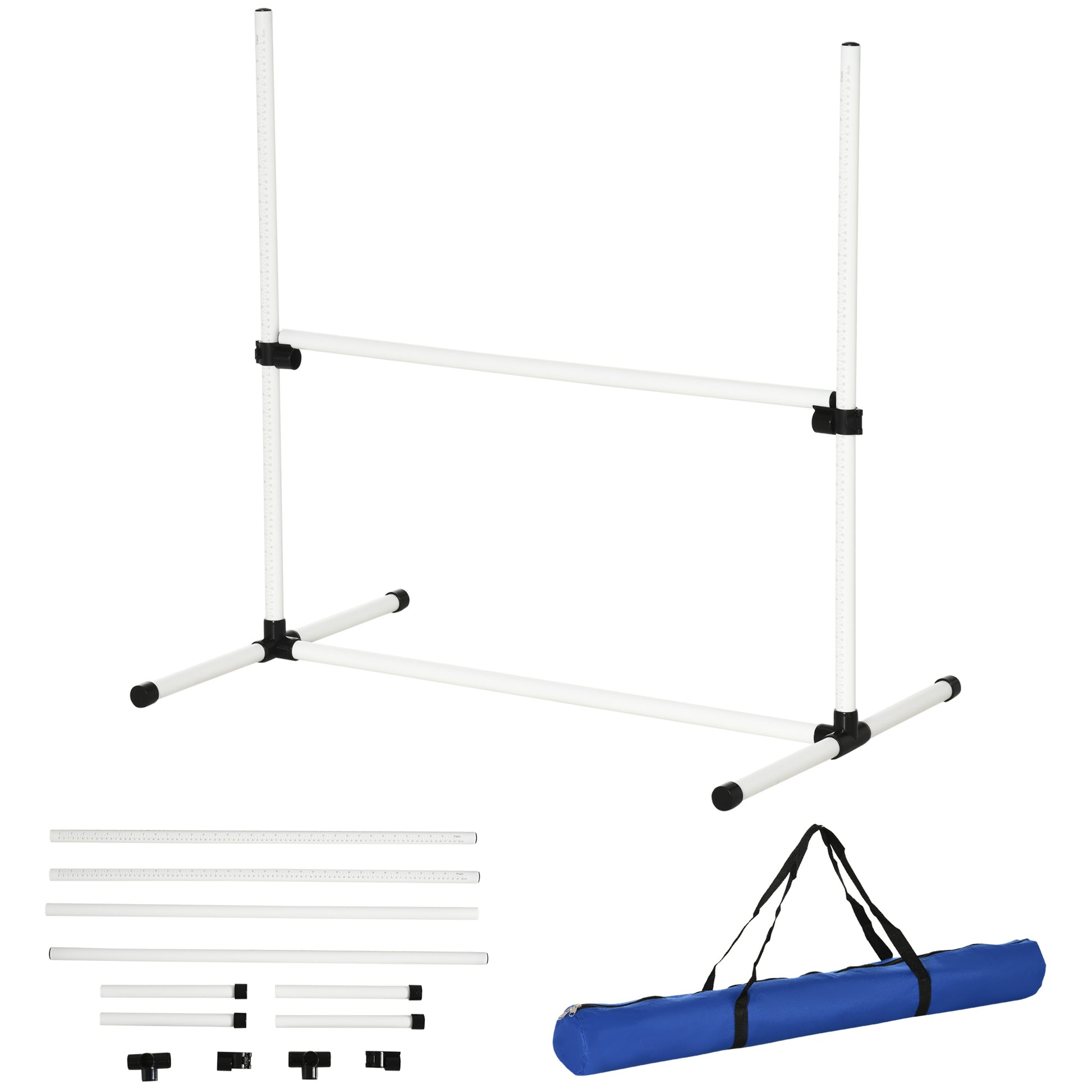 White adjustable dog agility jump bar with a blue carrying bag and spare parts
