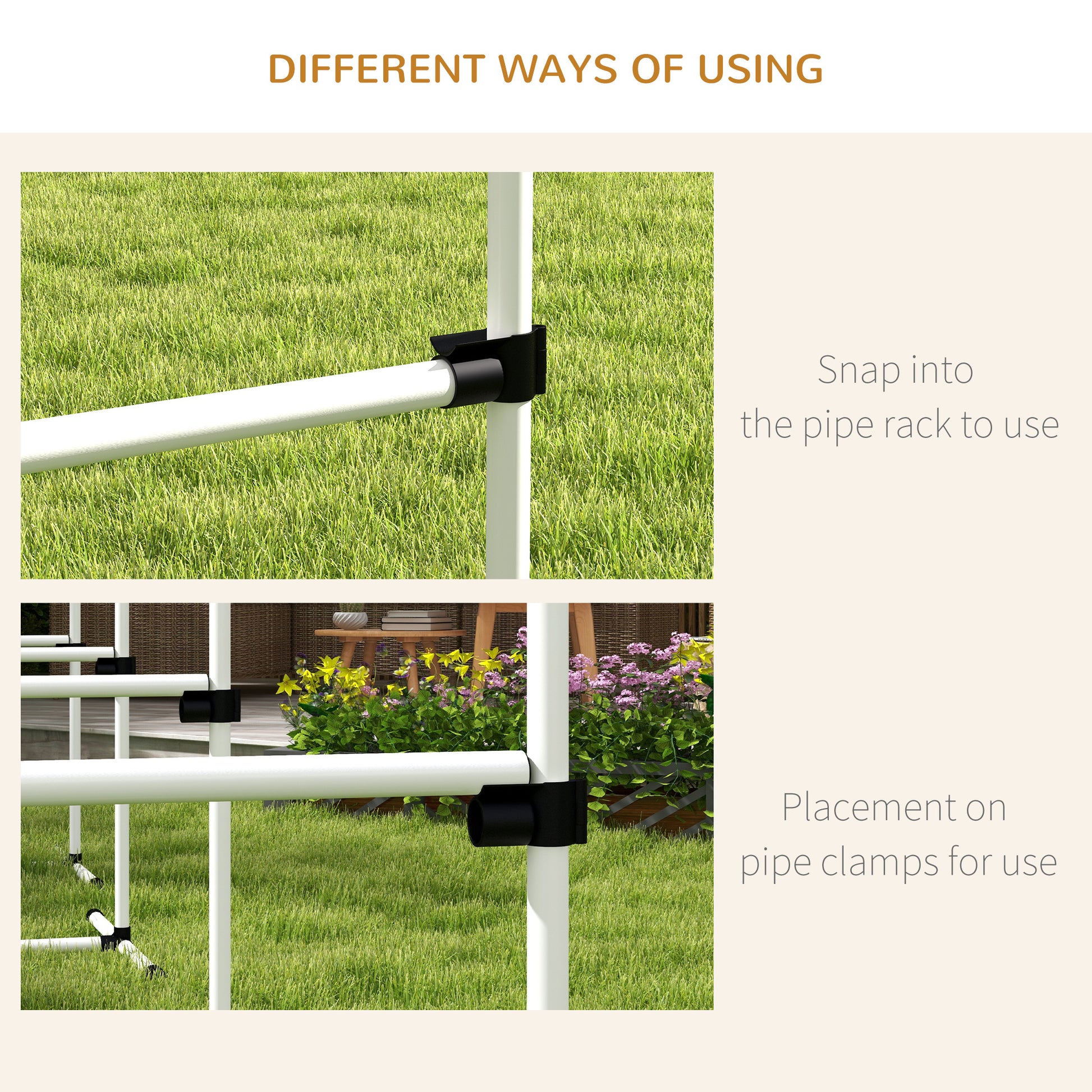 White PVC pipe fitting with black clip on a white pipe used in a garden pipe rack