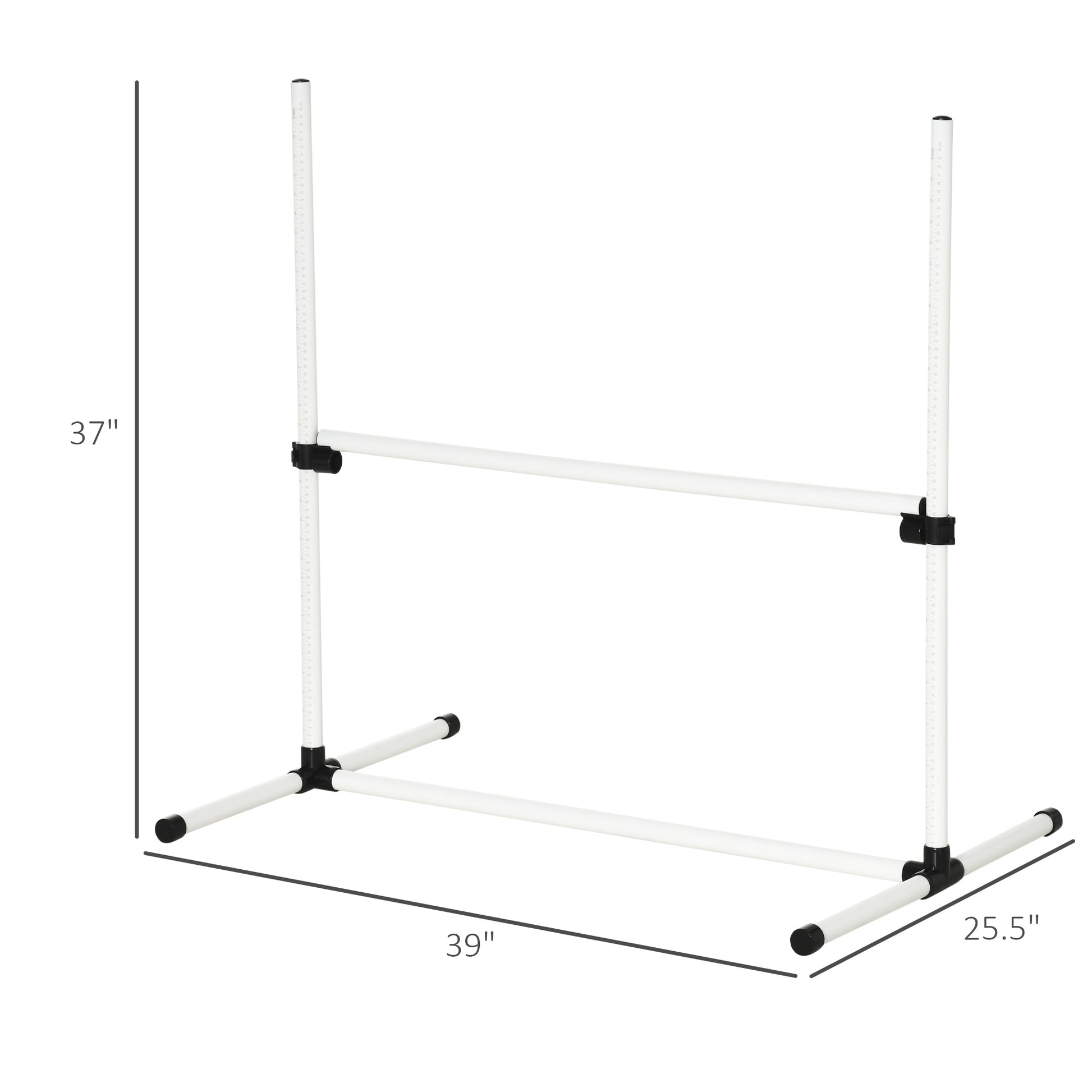 White adjustable dog agility jump bar with measurement markings