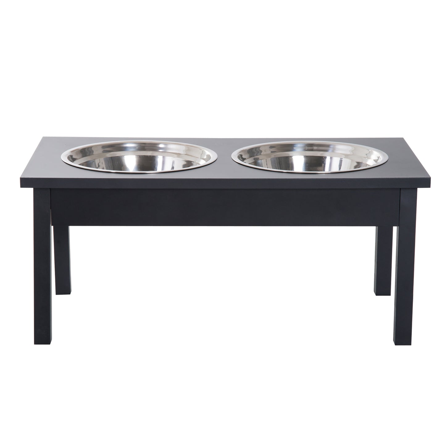 Black wooden elevated dog bowl stand with two stainless steel bowls