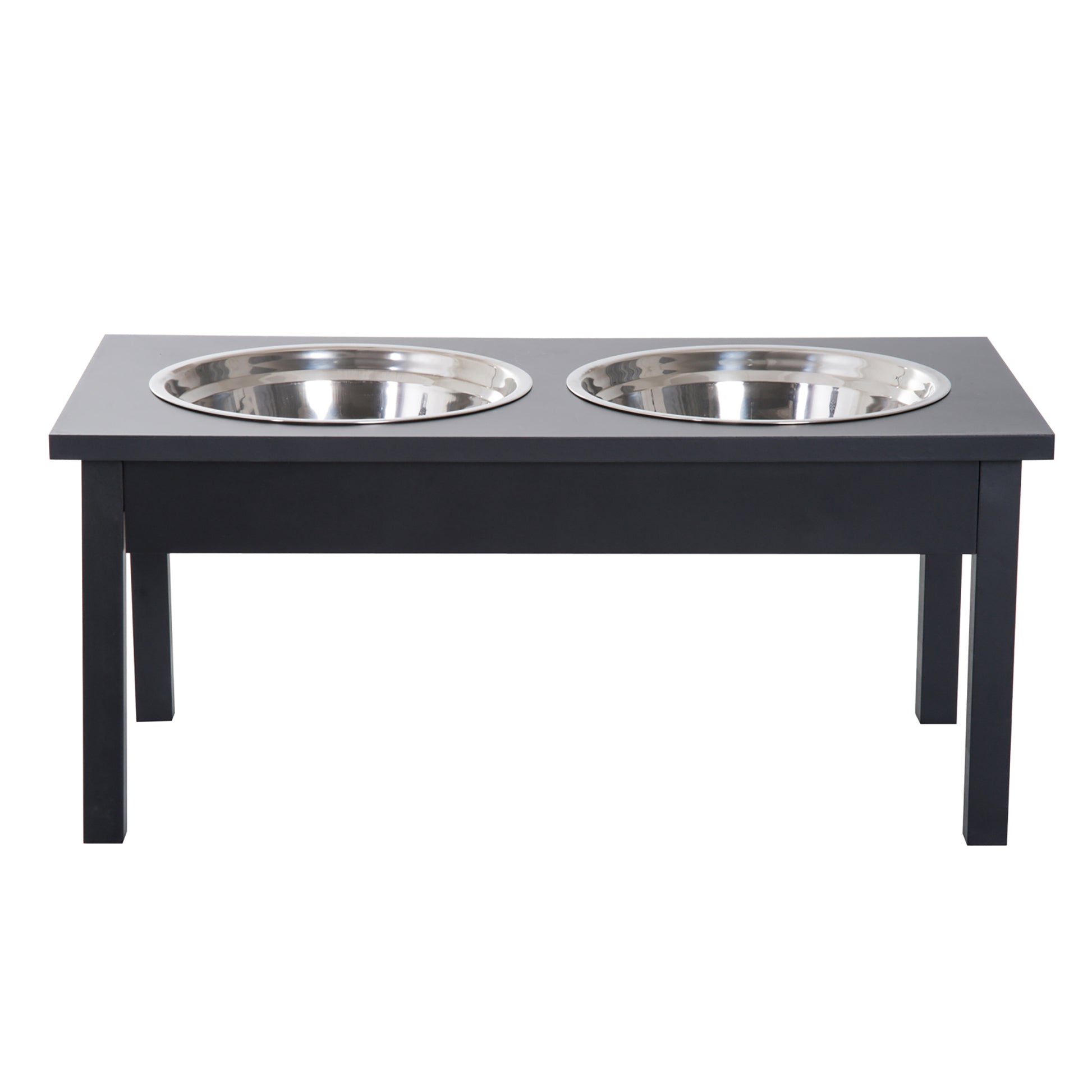 Black wooden elevated dog bowl stand with two stainless steel bowls