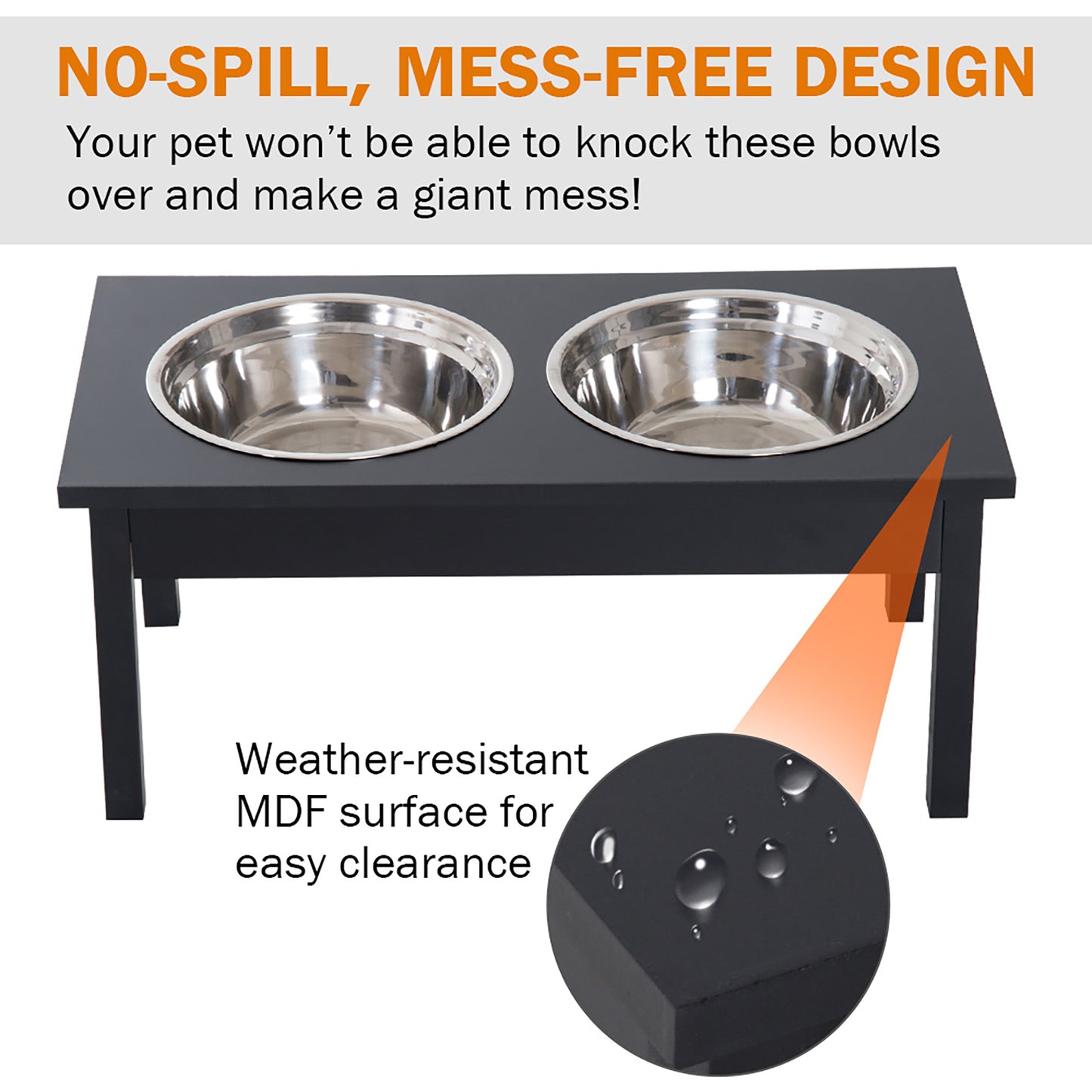 Black elevated pet bowl stand with two stainless steel bowls messfree design