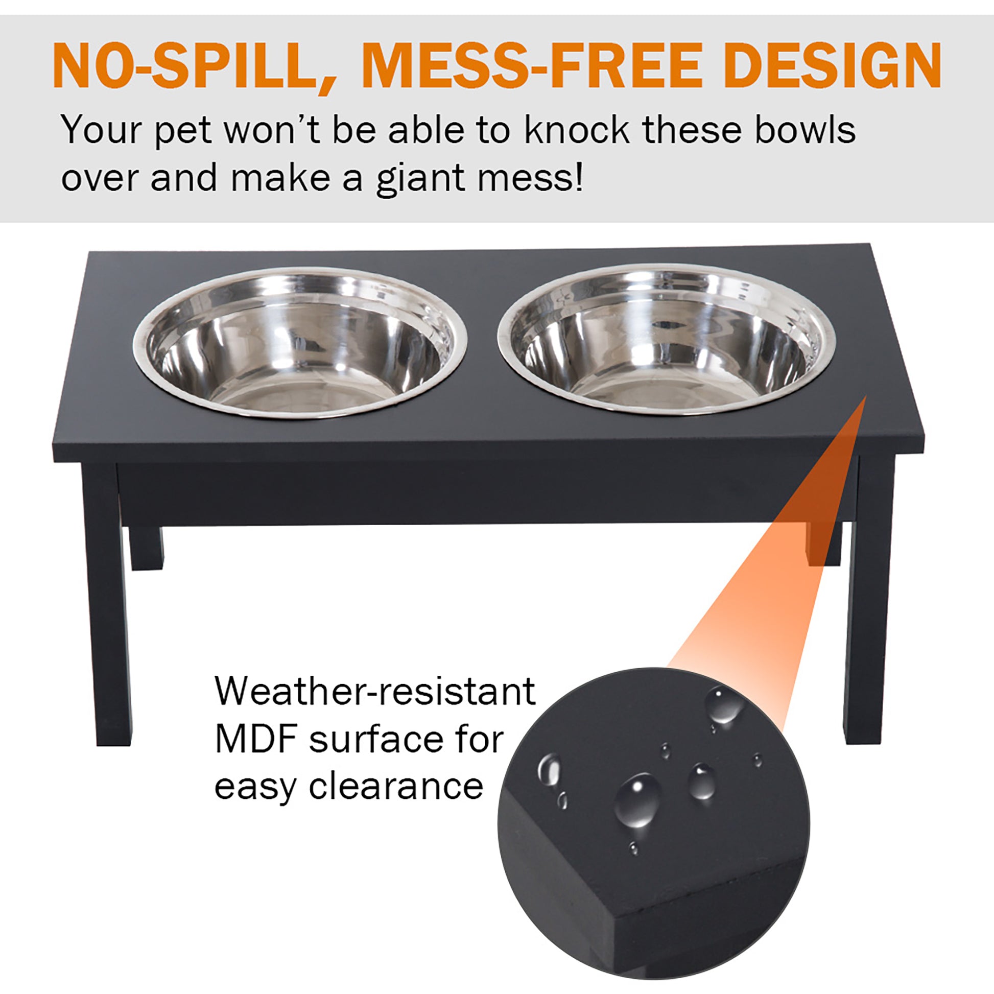 Black elevated pet bowl stand with two stainless steel bowls messfree design