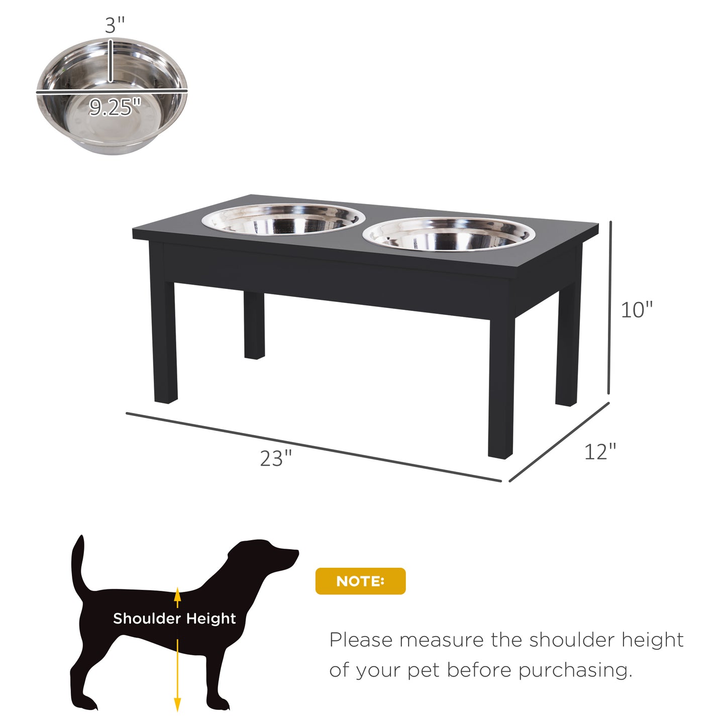 Black raised dog feeder with two  stainless steel bowls  long