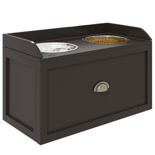 Dark brown wood pet feeder station with two stainless steel bowls one for food and one for water