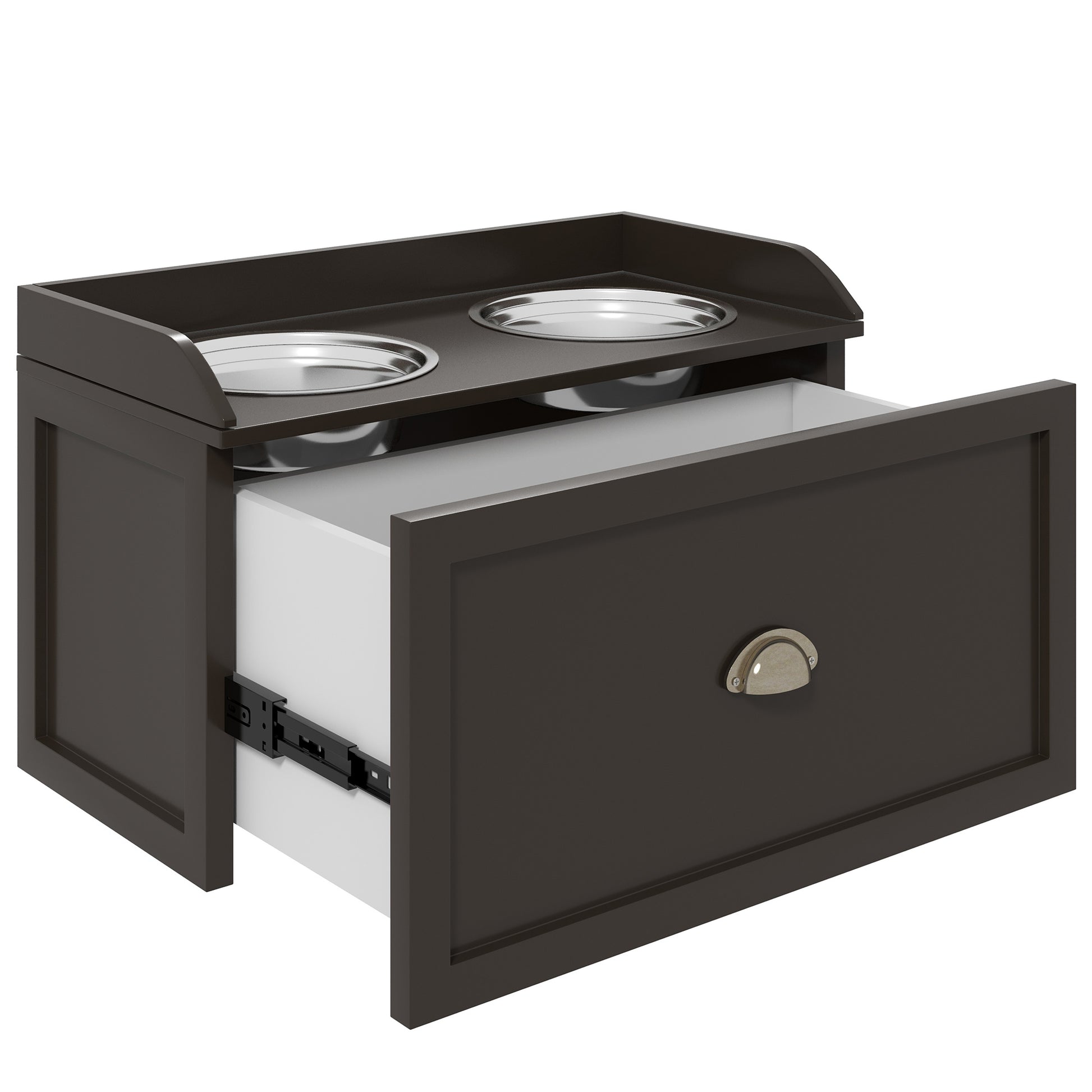 Dark brown wood pet feeder station with two stainless steel bowls and one open drawer