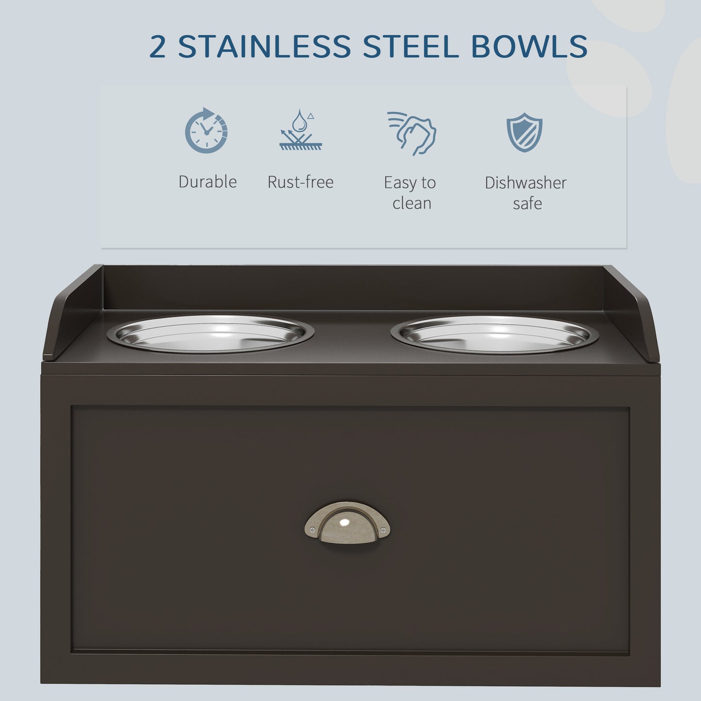 Dark brown wooden pet feeder with two stainless steel bowls durable and rustfree