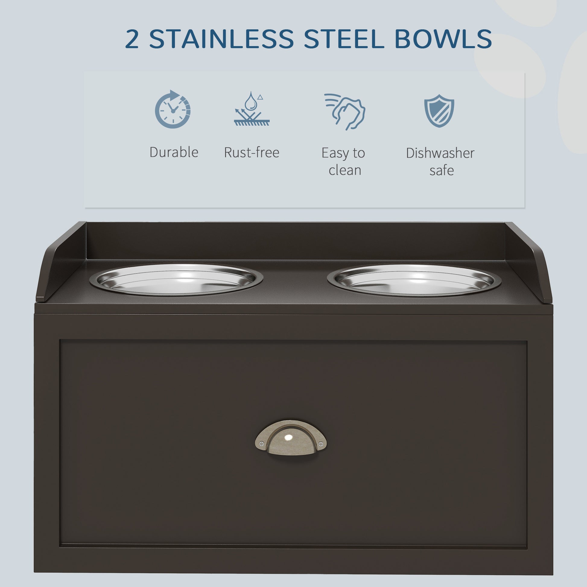 Dark brown wooden pet feeder with two stainless steel bowls durable and rustfree