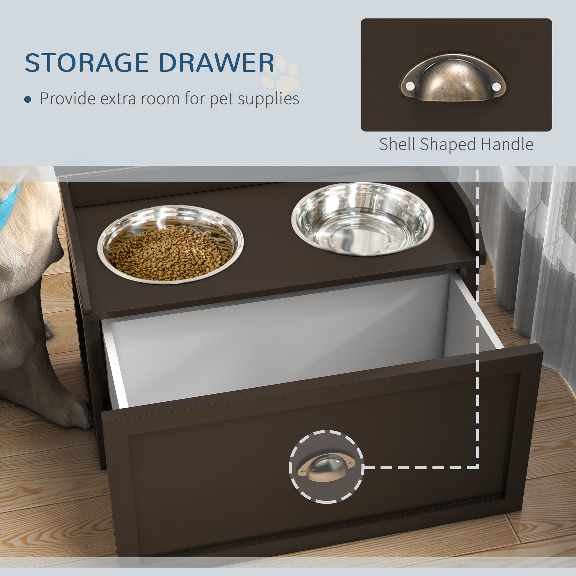 Dark brown pet food station with two stainless steel bowls and storage drawer