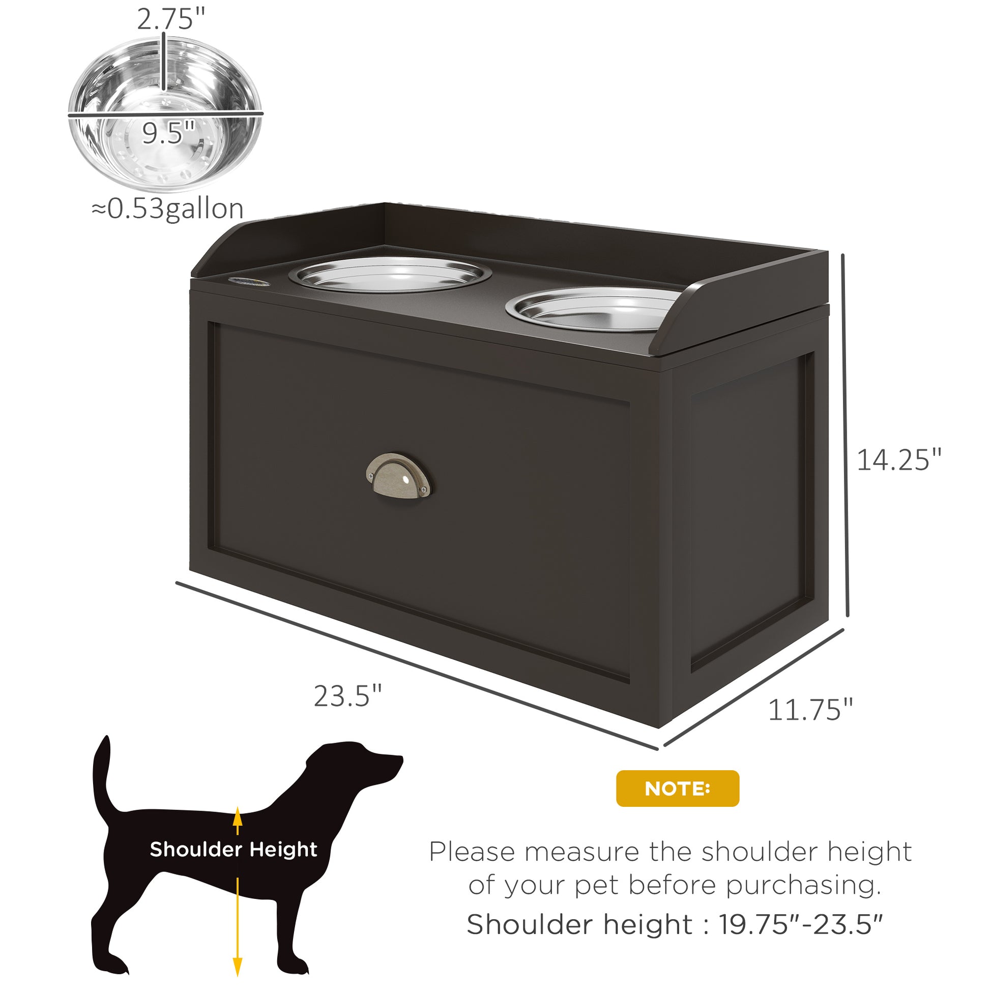 Dark brown elevated dog feeder with two stainless steel bowls and storage drawer