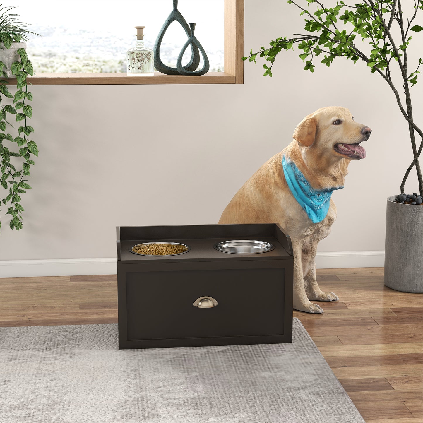 Dark brown dog feeder with two bowls one filled with kibble