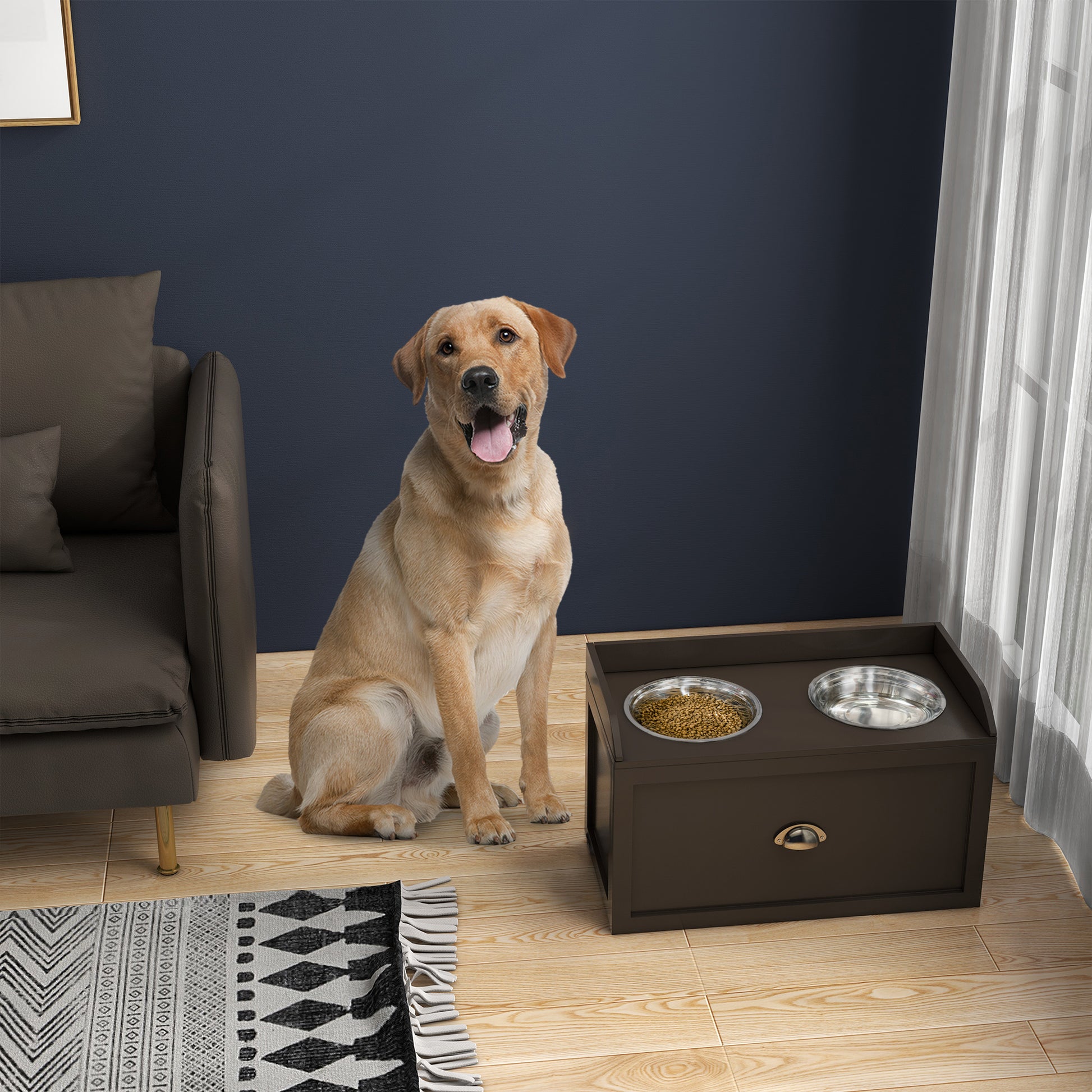 Brown raised dog feeder with two stainless steel bowls one filled with kibble