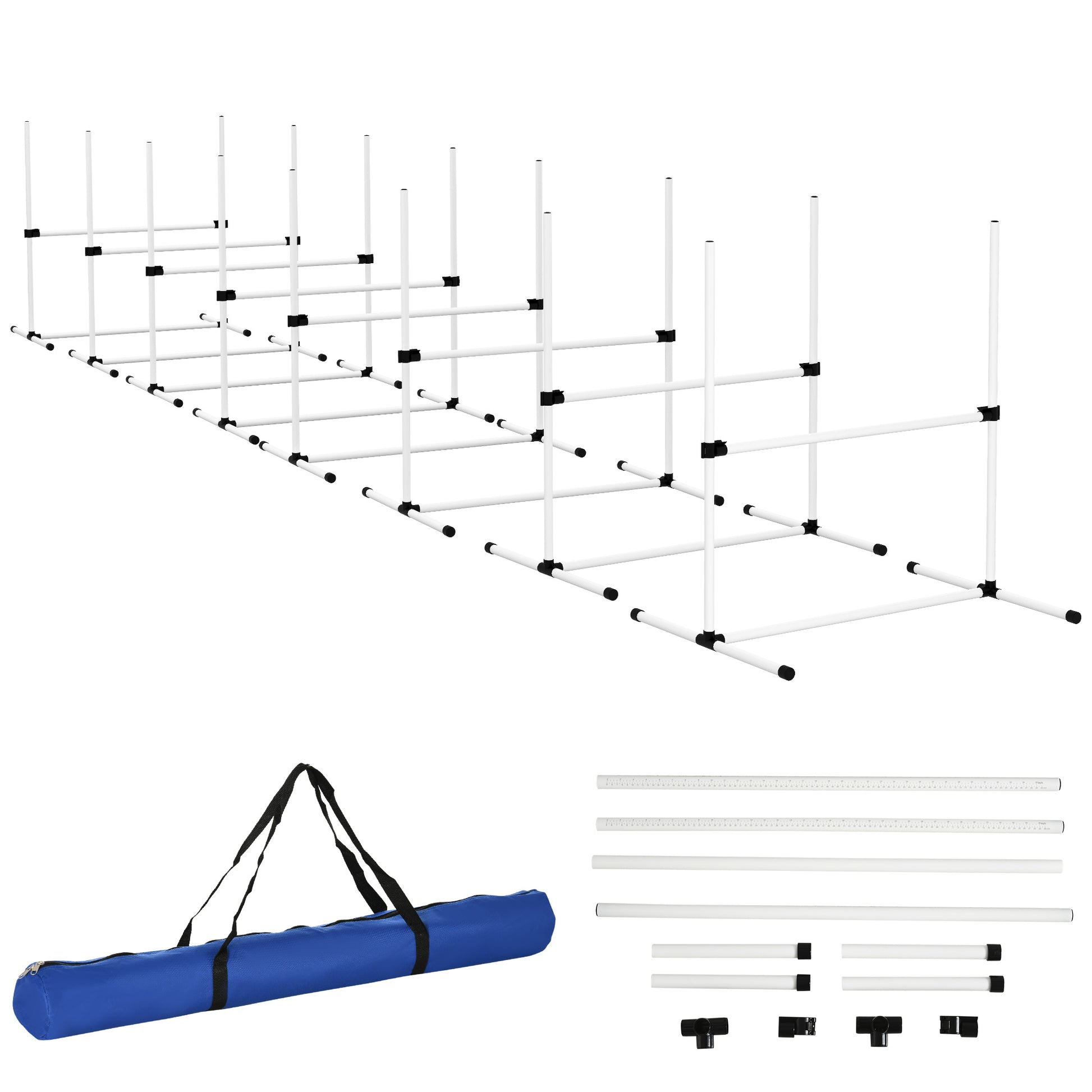 White PVC dog agility weave poles set with carrying bag and accessories