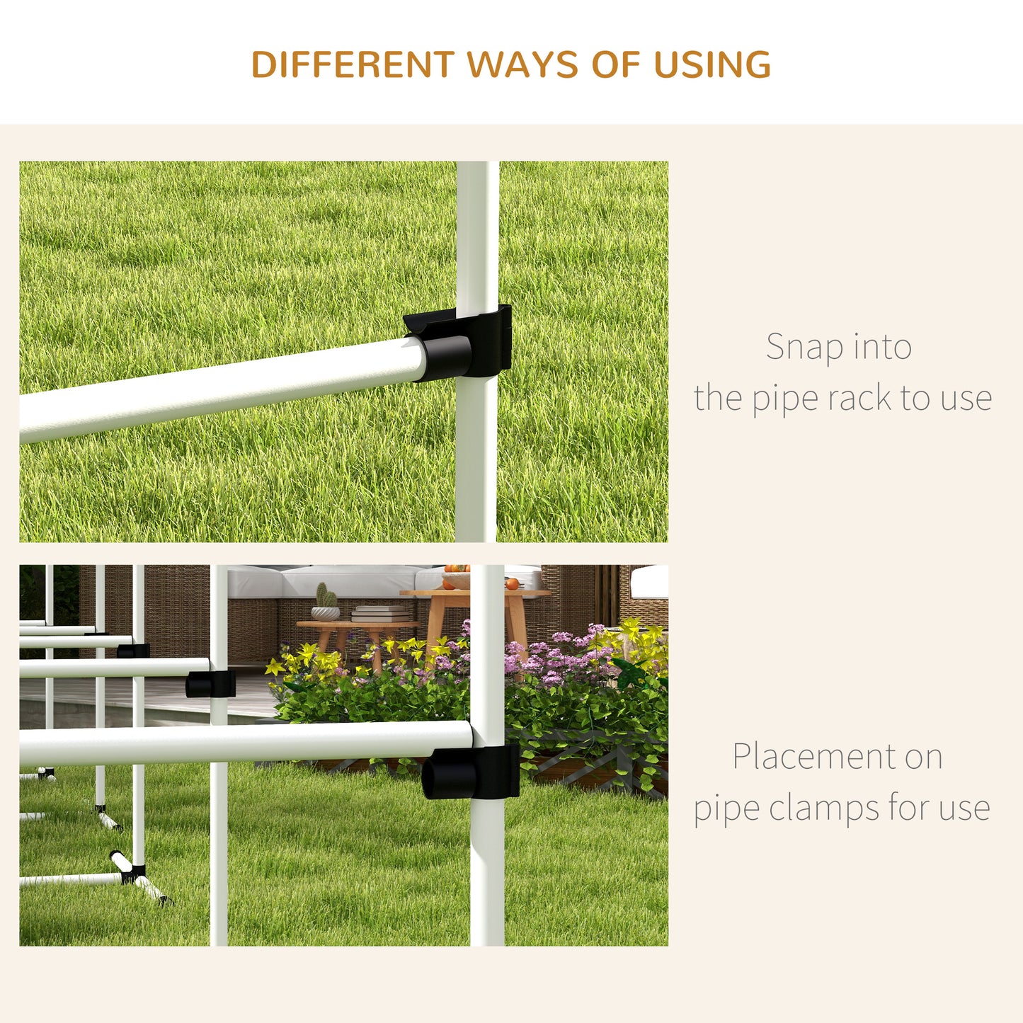 White PVC pipe rack connector securing tubing on a grassy lawn