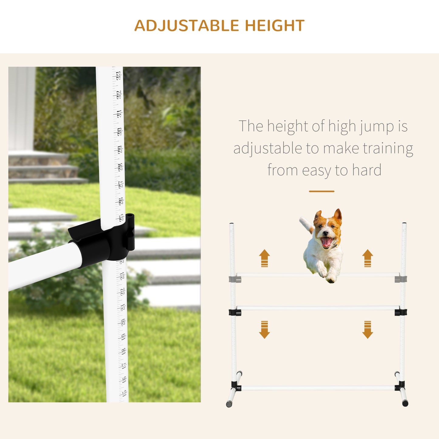 Closeup of white adjustable height dog agility jump pole with black clamp and measurement markings