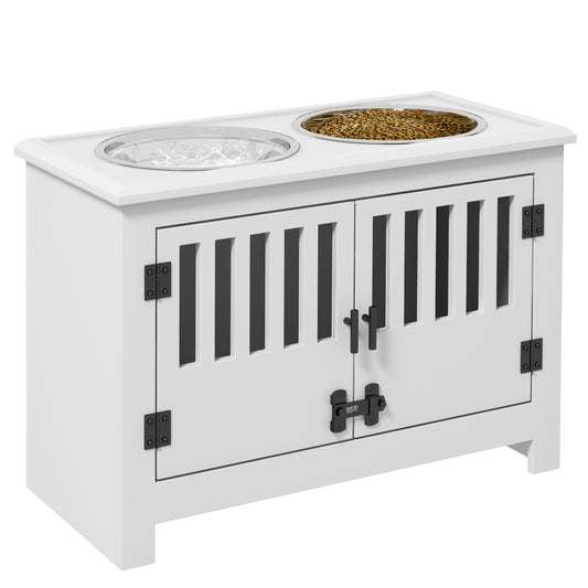 White wooden dog crate with two stainless steel bowls one with water and one with food