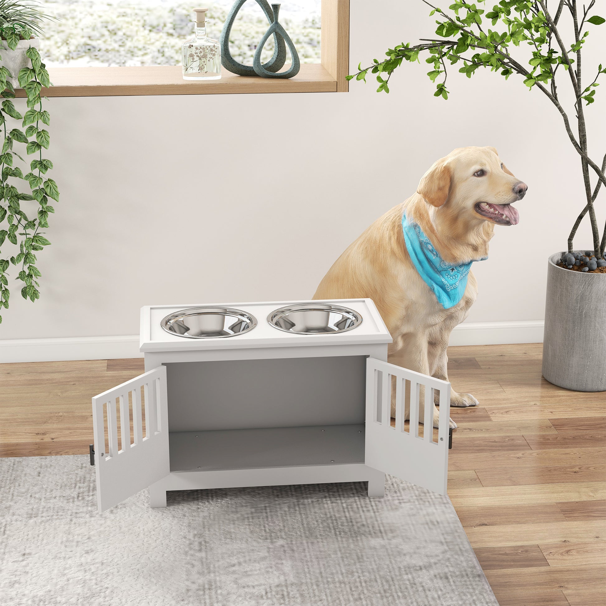 White elevated dog feeder with two stainless steel bowls and open cabinet