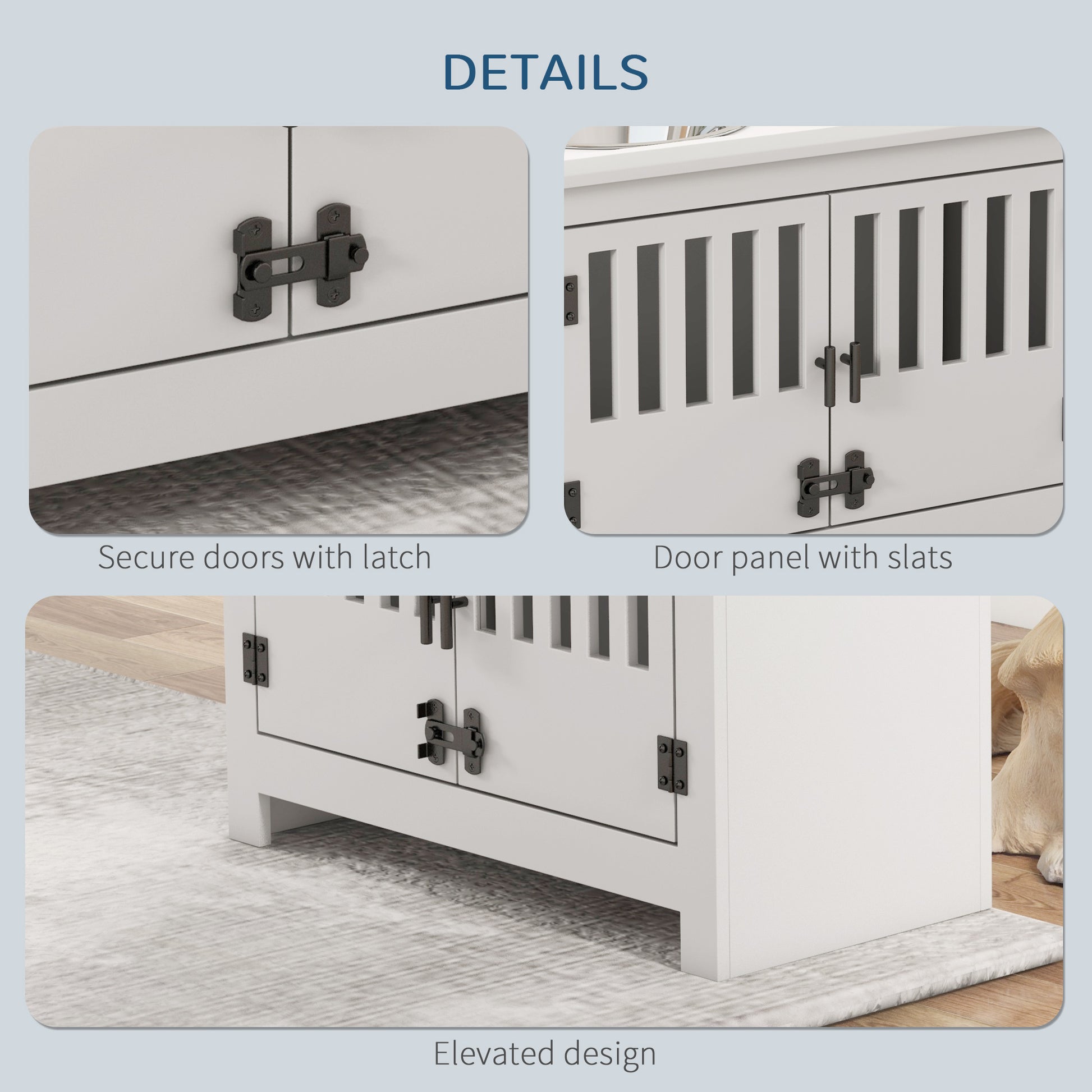 White dog crate furniture with secure black latches and slatted doors