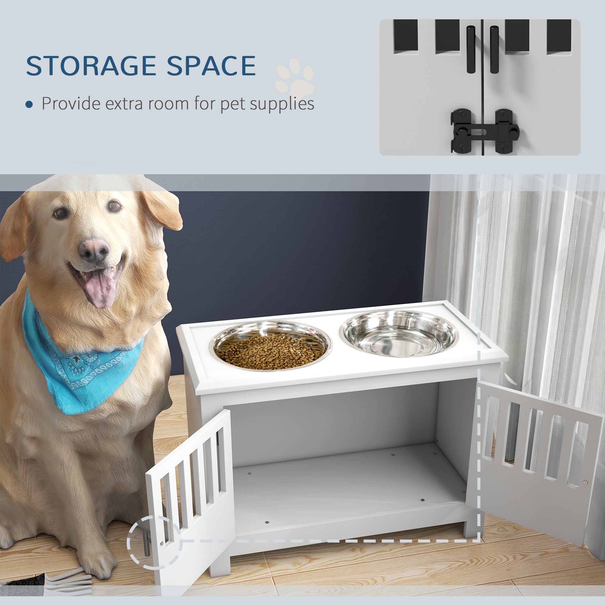 White modern dog feeding station with double bowls and storage cabinet