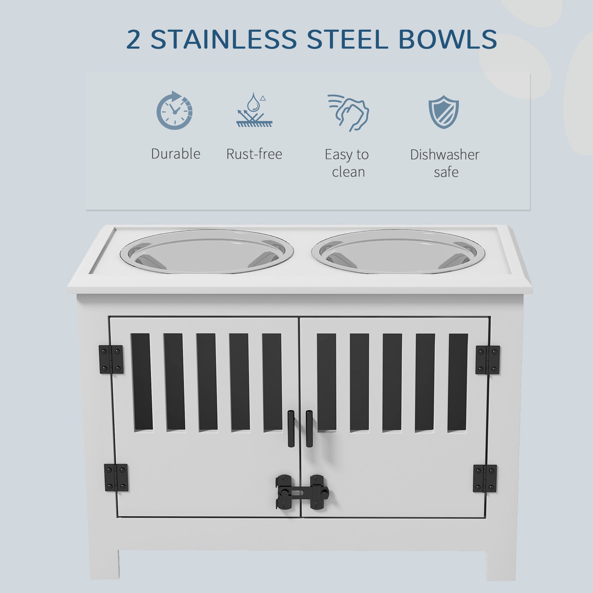 White wooden dog crate with two stainless steel bowls for food and water