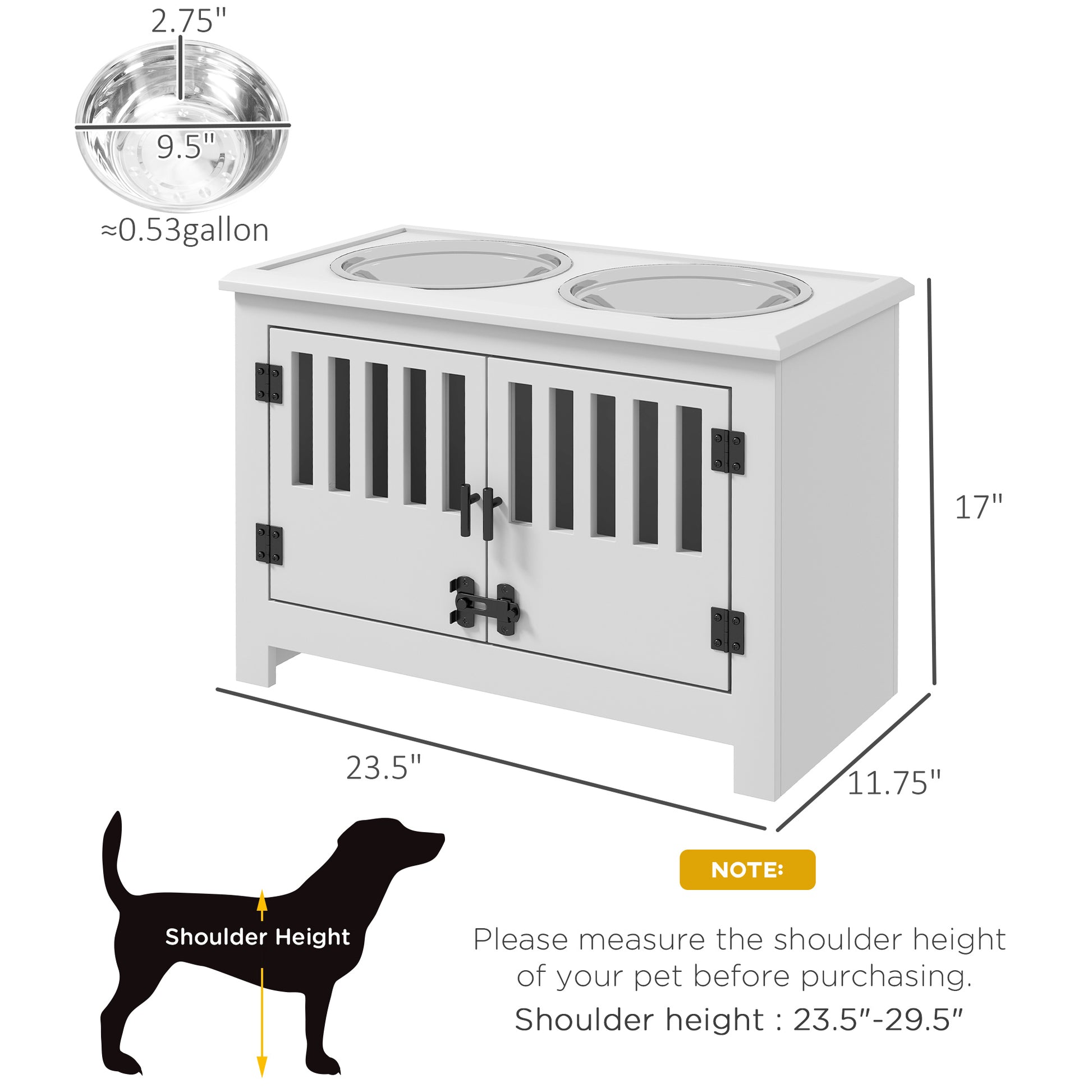 White double pet feeding station with two stainless steel bowls and cabinet below