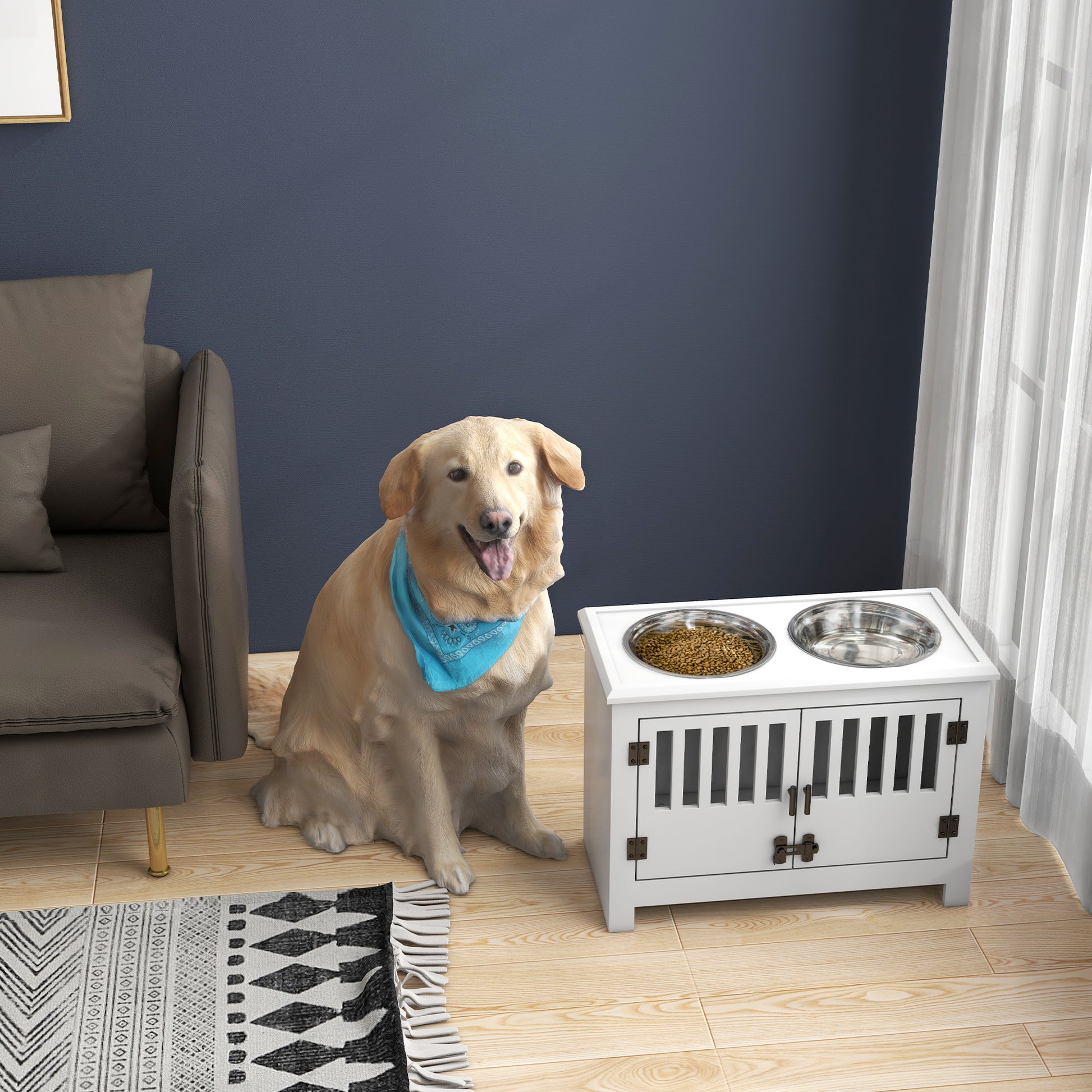 White raised dog feeder with two stainless steel bowls suitable for large breeds