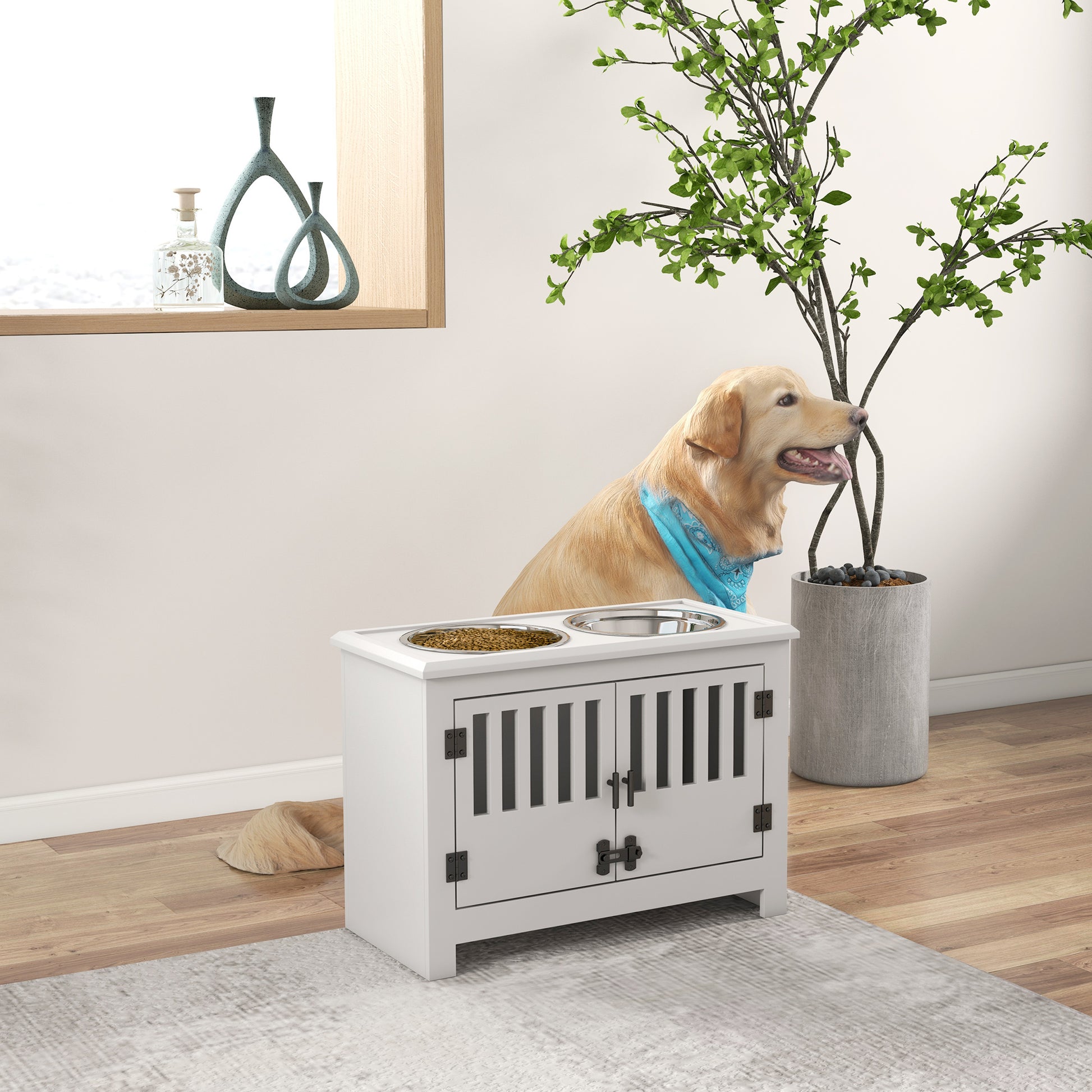 White dog crate end table with stainless steel bowls perfect for feeding