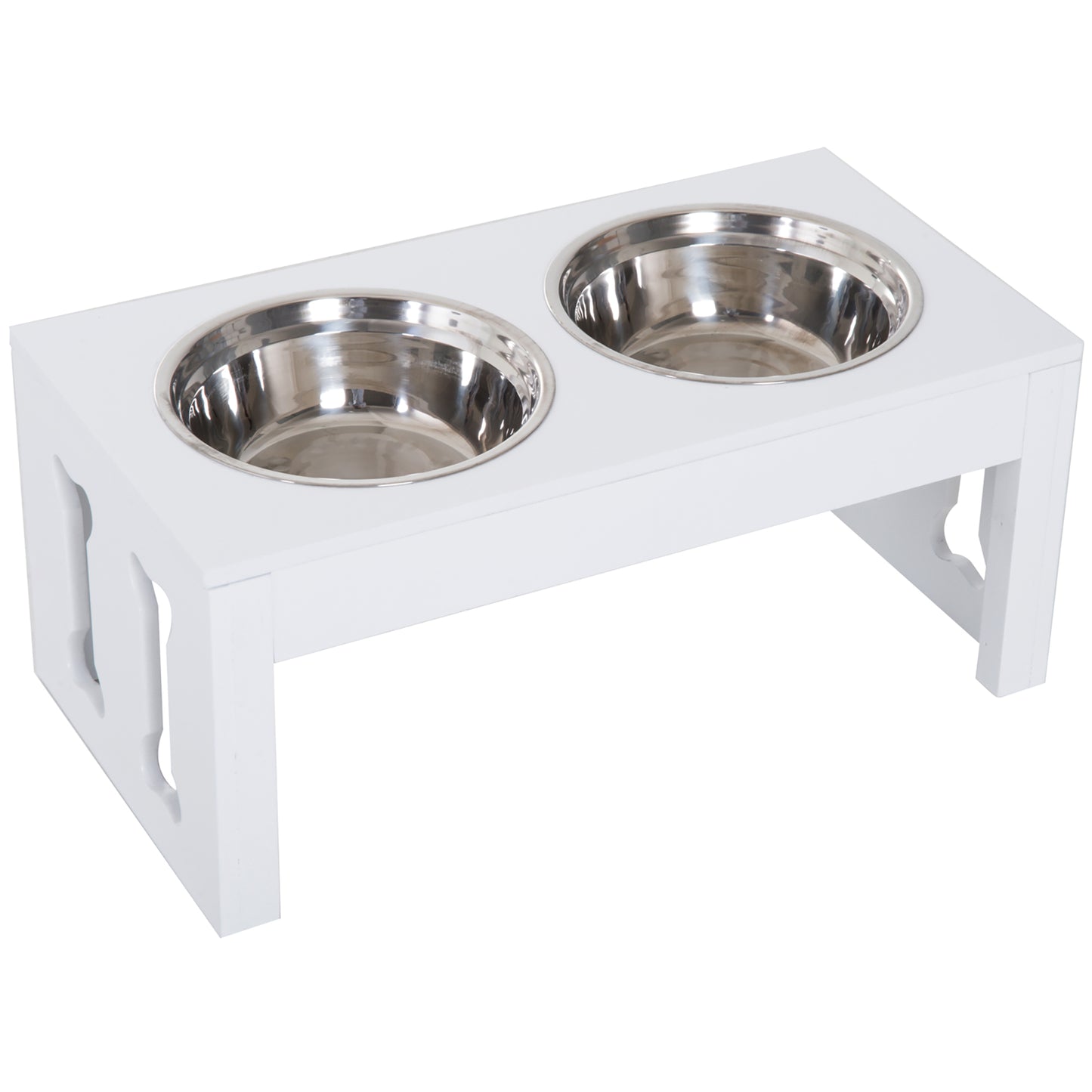 White elevated dog bowls with stainless steel inserts perfect for small to medium pets