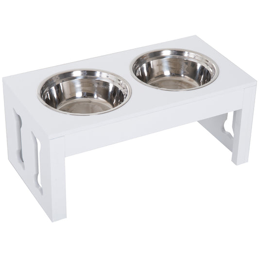 White elevated dog bowls with stainless steel inserts perfect for small to medium pets