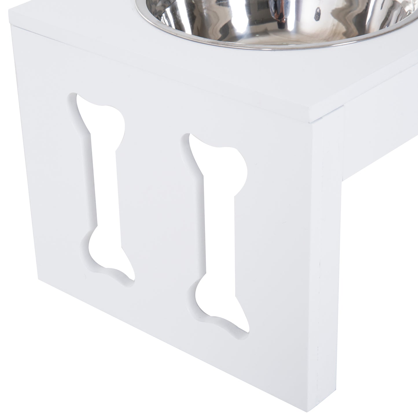 White wooden pet bowl stand with bone cutouts and stainless steel insert