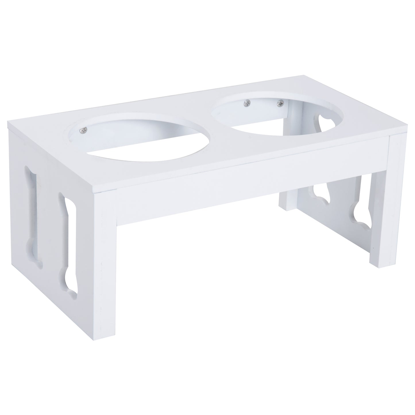 White wooden elevated dog bowl stand with two cutouts on the legs
