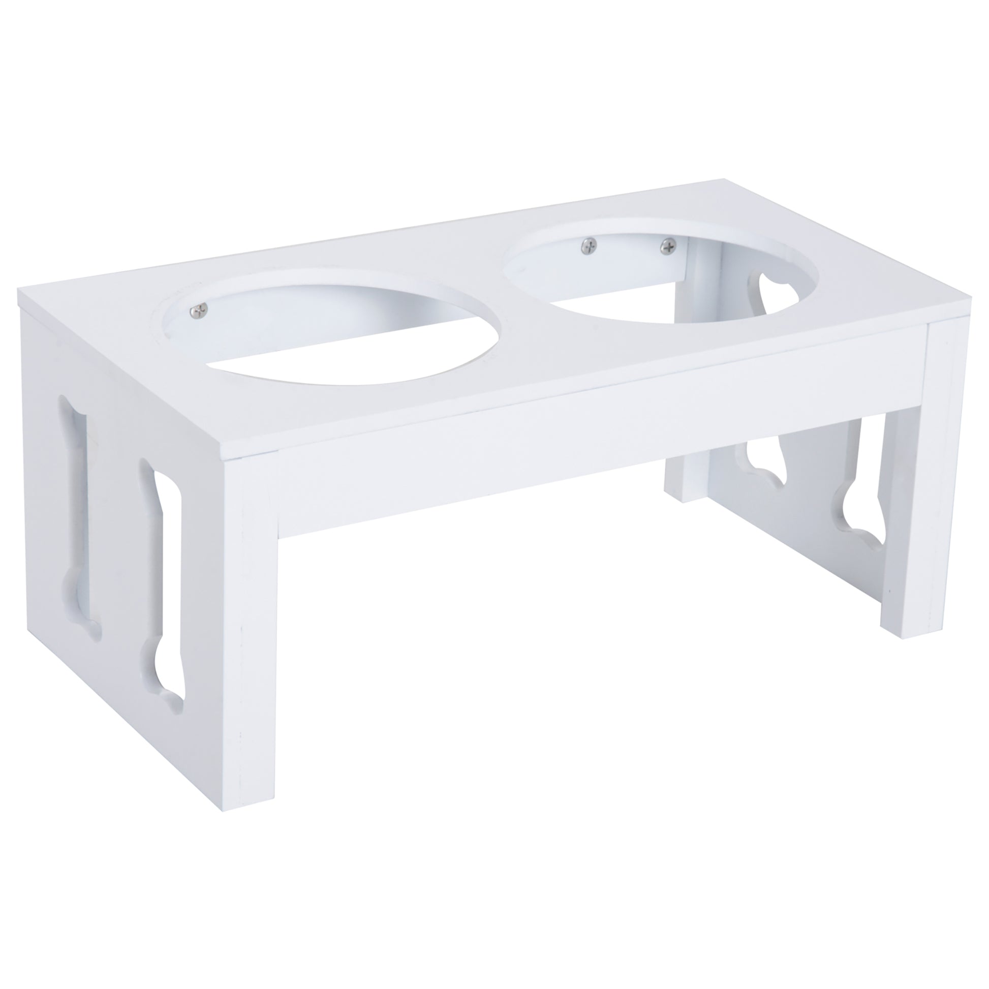 White wooden elevated dog bowl stand with two cutouts on the legs