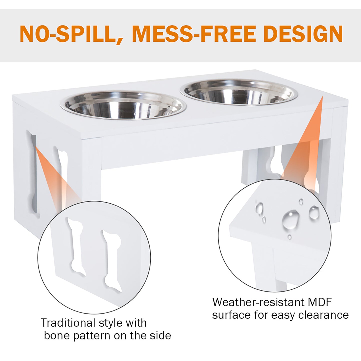 White wooden elevated dog feeder with two stainless steel bowls bone cutout detail