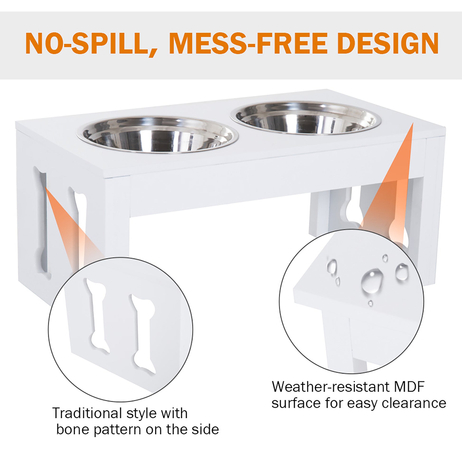 White wooden elevated dog feeder with two stainless steel bowls bone cutout detail