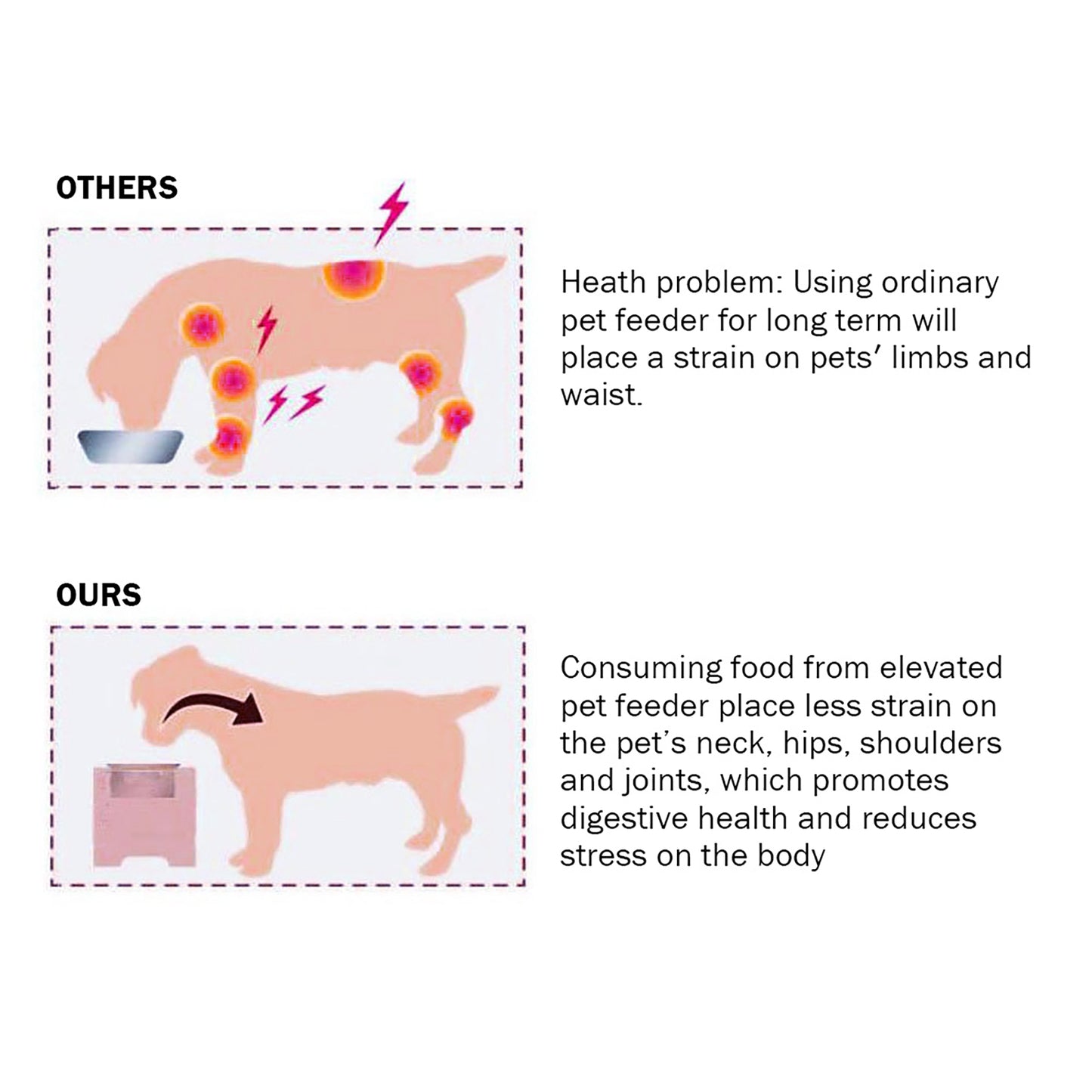 Illustration of a dog with pain points from a low pet feeder