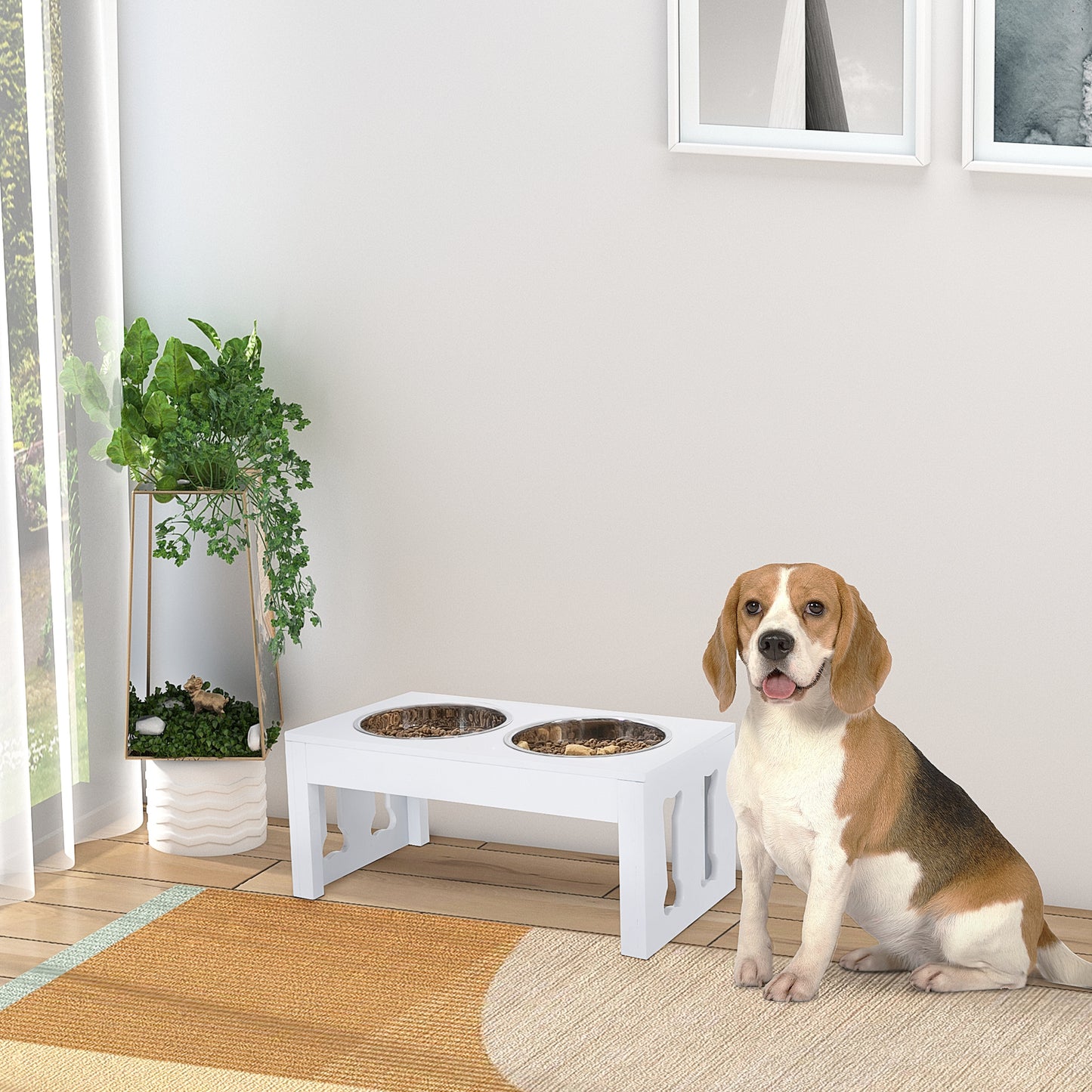 White wooden raised dog bowl feeder with two stainless steel bowls filled with kibble