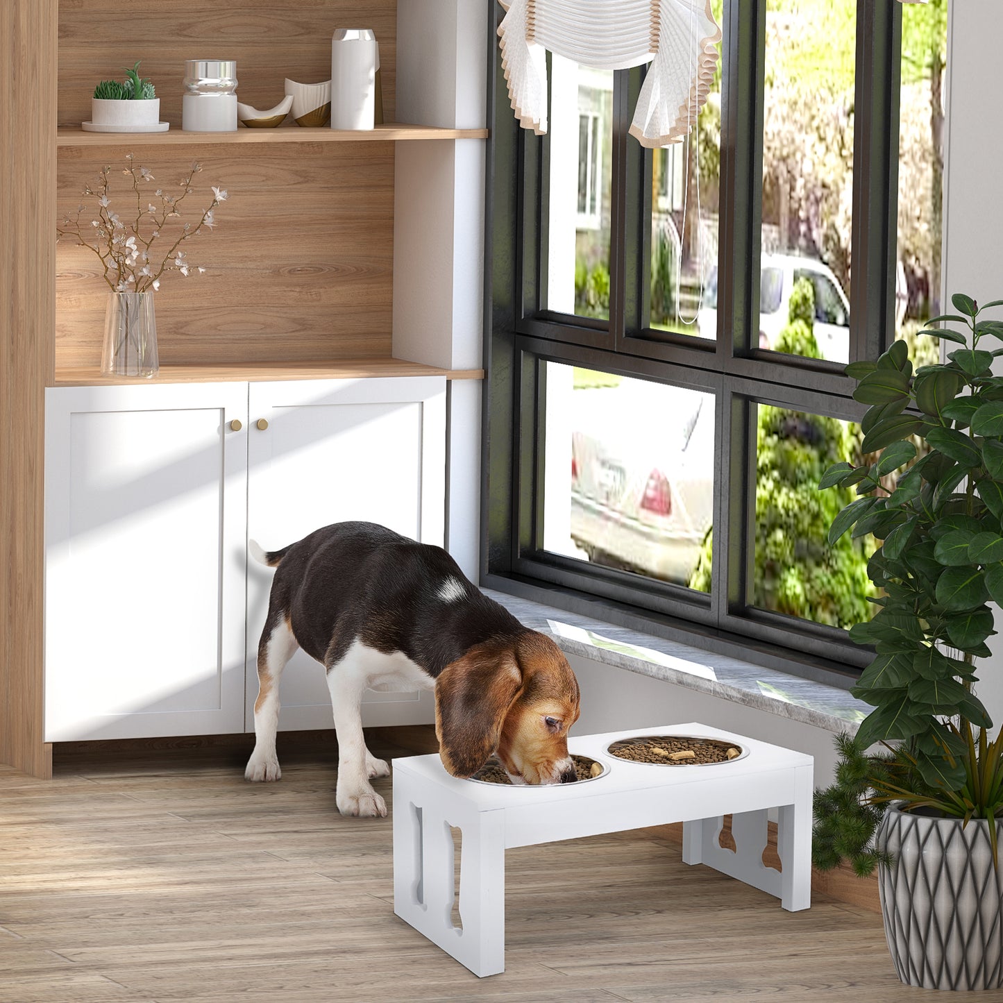 White elevated dog bowls with bone cutouts perfect for medium breeds