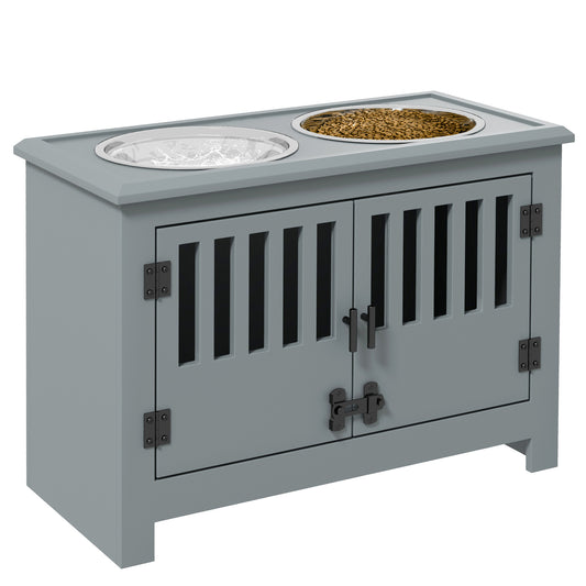 Stylish grey wooden dog crate furniture with two stainless steel bowls one for water one for food