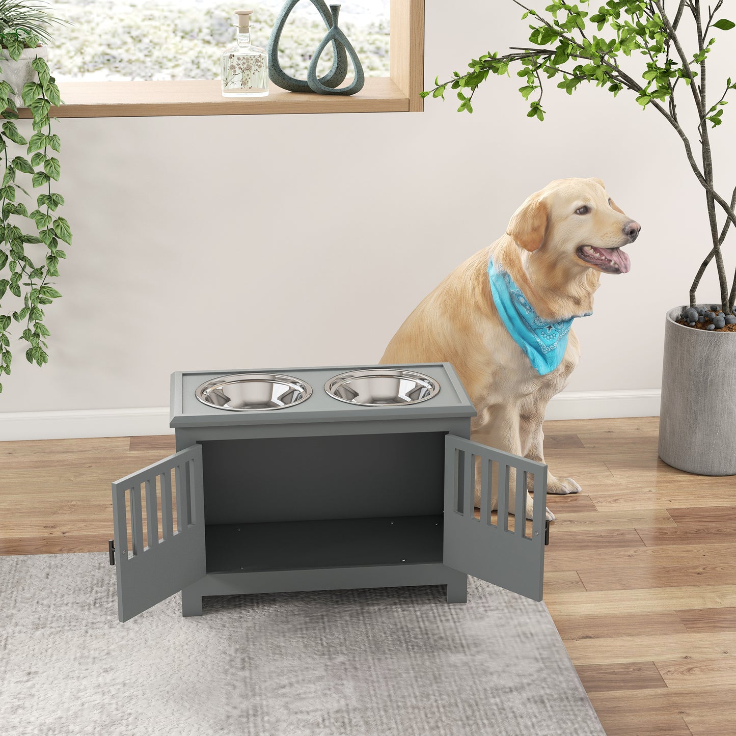 Gray wooden raised dog feeder with double stainless steel bowls closed doors