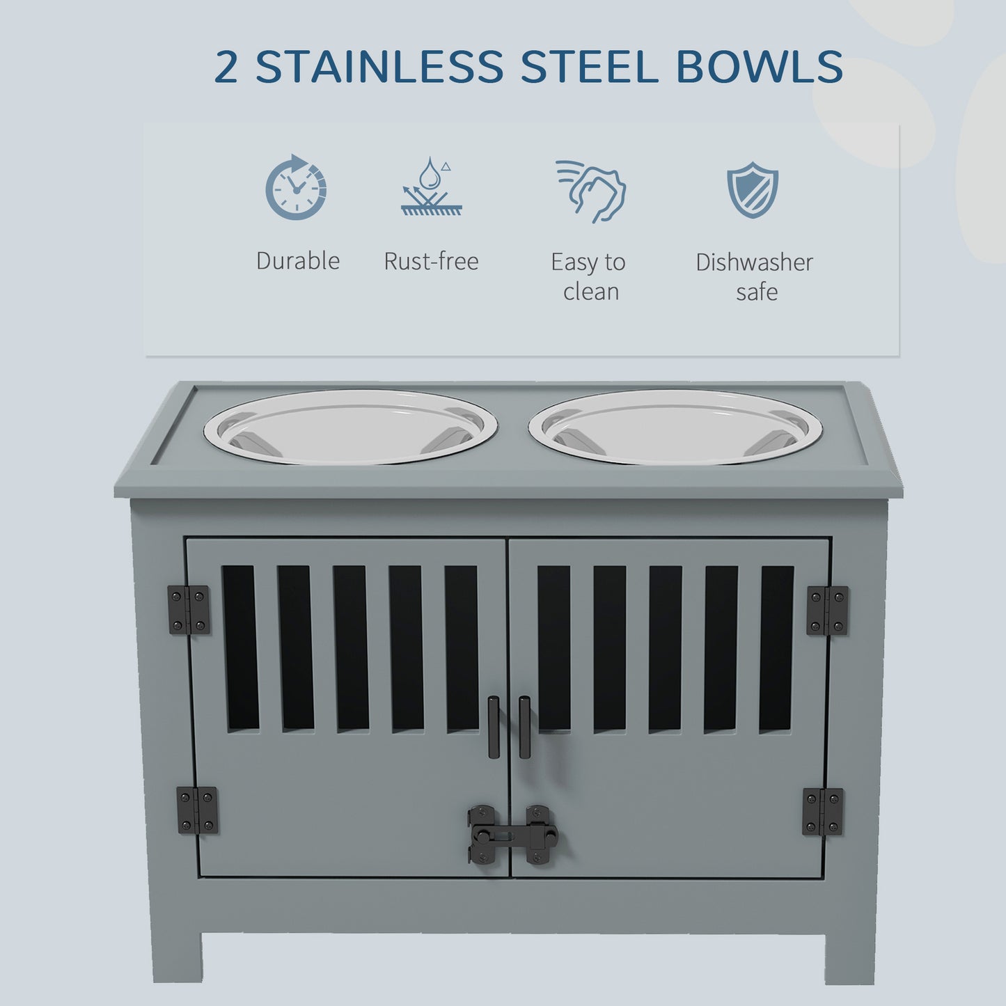 Gray dog food station with two removable stainless steel bowls and double doors