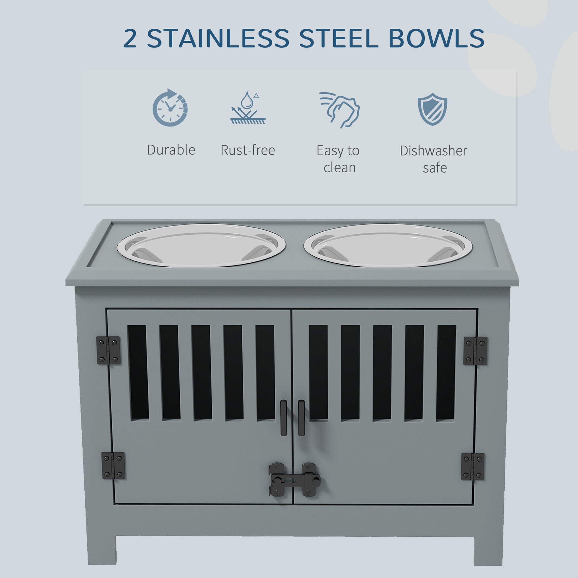 Gray dog food station with two removable stainless steel bowls and double doors
