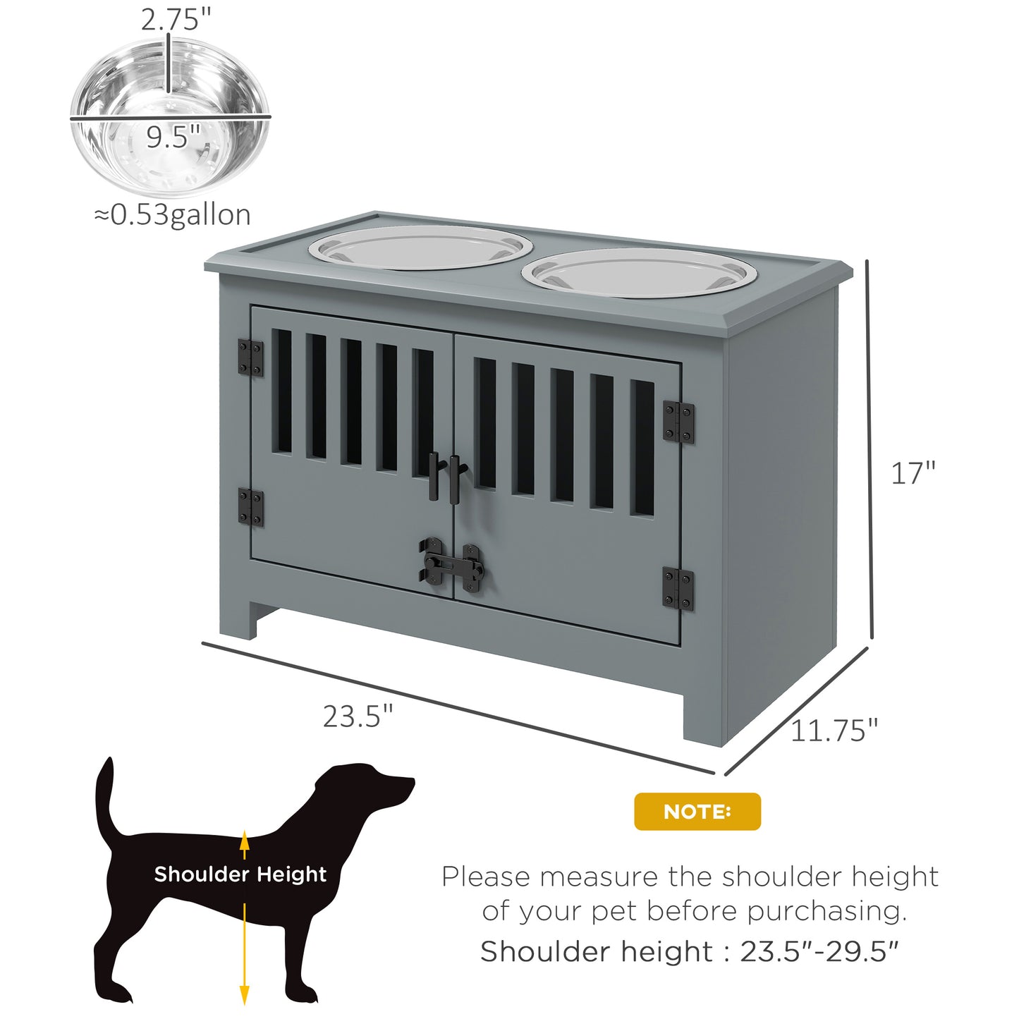 Gray wooden pet feeder station with two stainless steel bowls and double doors
