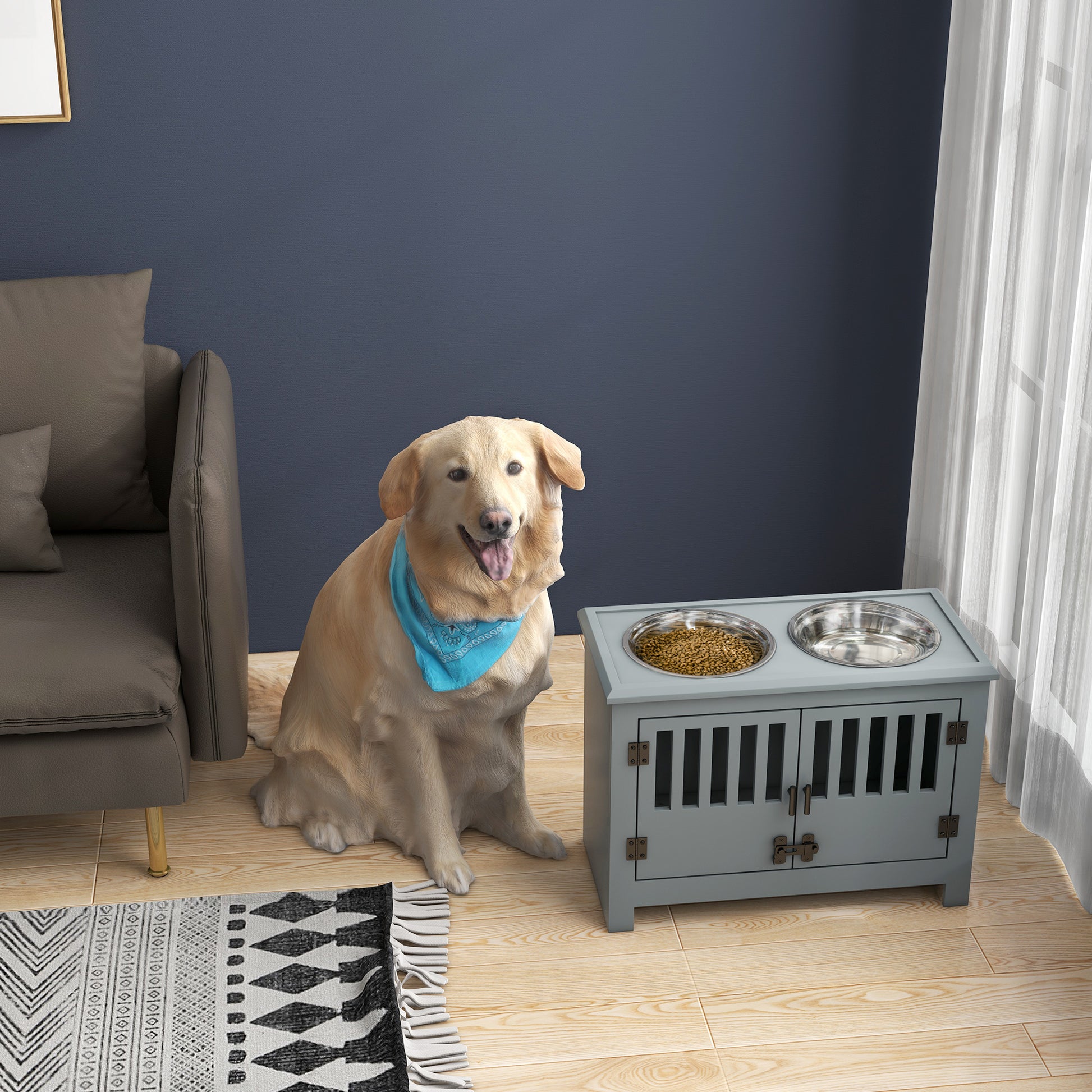 Grey raised dog feeder with stainless steel bowls and a golden retriever dog