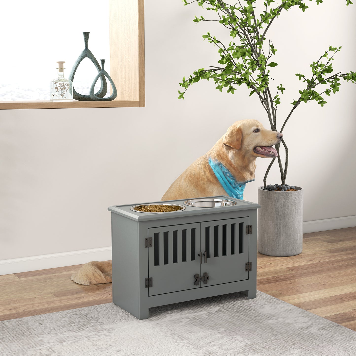 Grey wood dog feeder cabinet with two stainless steel bowls one filled with kibble