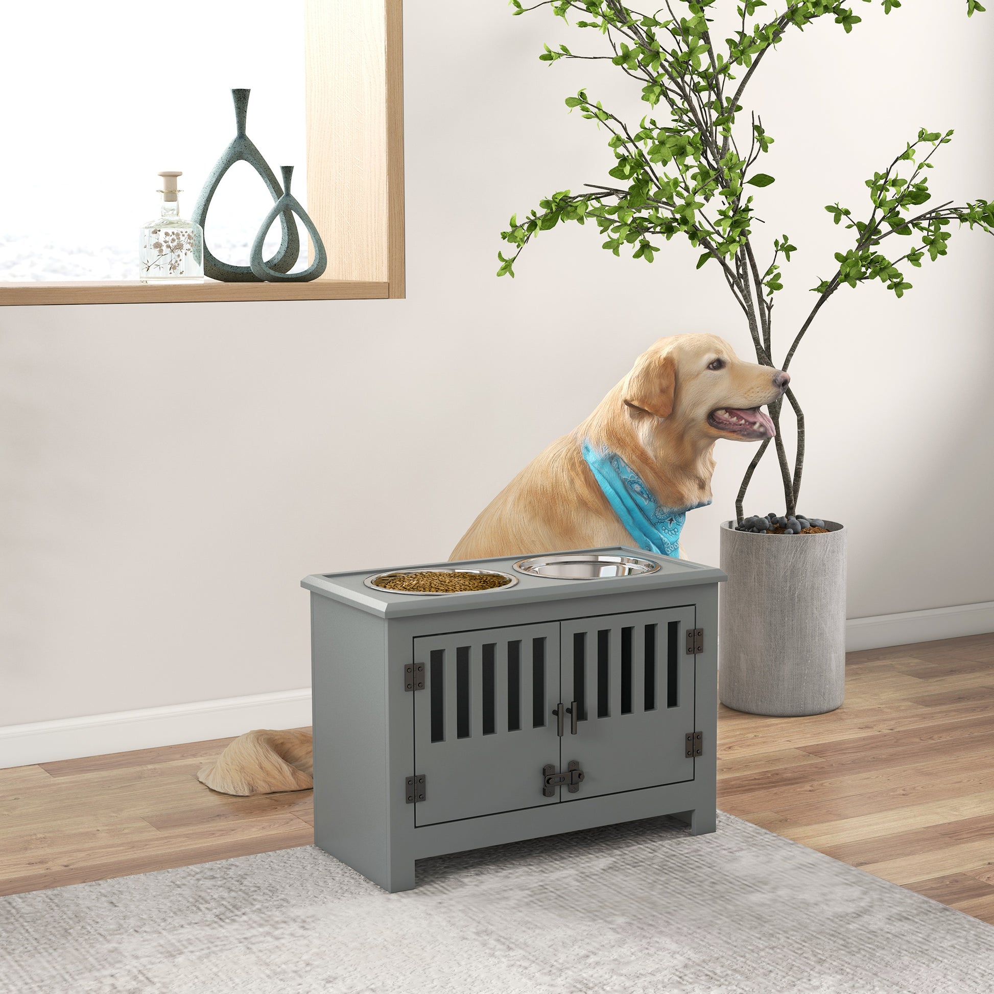 Grey wood dog feeder cabinet with two stainless steel bowls one filled with kibble
