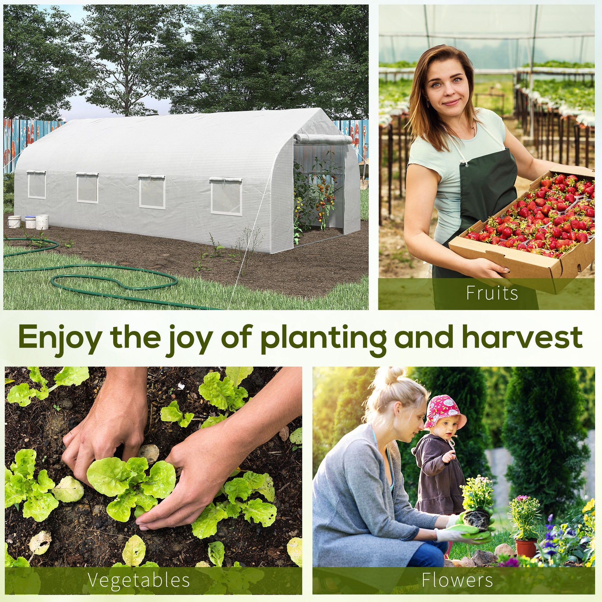 White tunnel greenhouse with open door and tomato plants inside outdoors