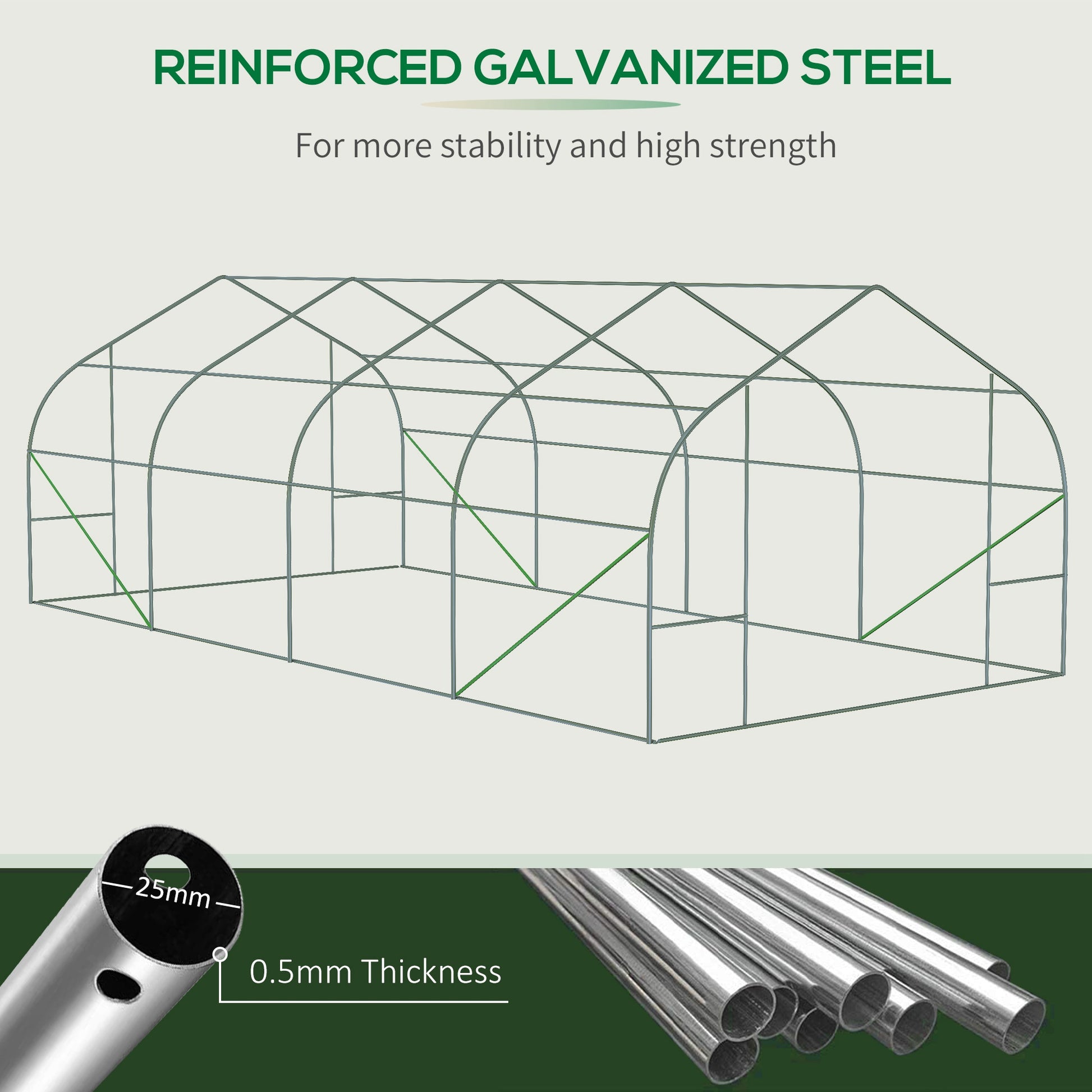 Wireframe diagram of a galvanized steel greenhouse frame mm diameter mm thickness