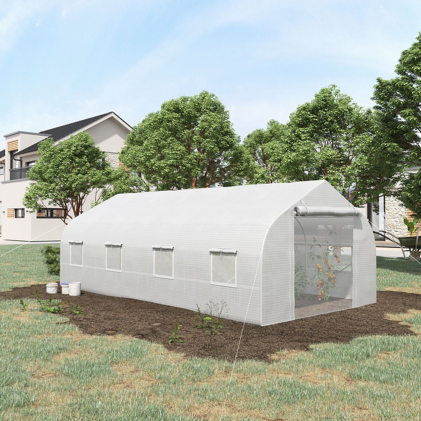 White arched tunnel greenhouse with transparent PE cover ideal for home gardening and plant protection